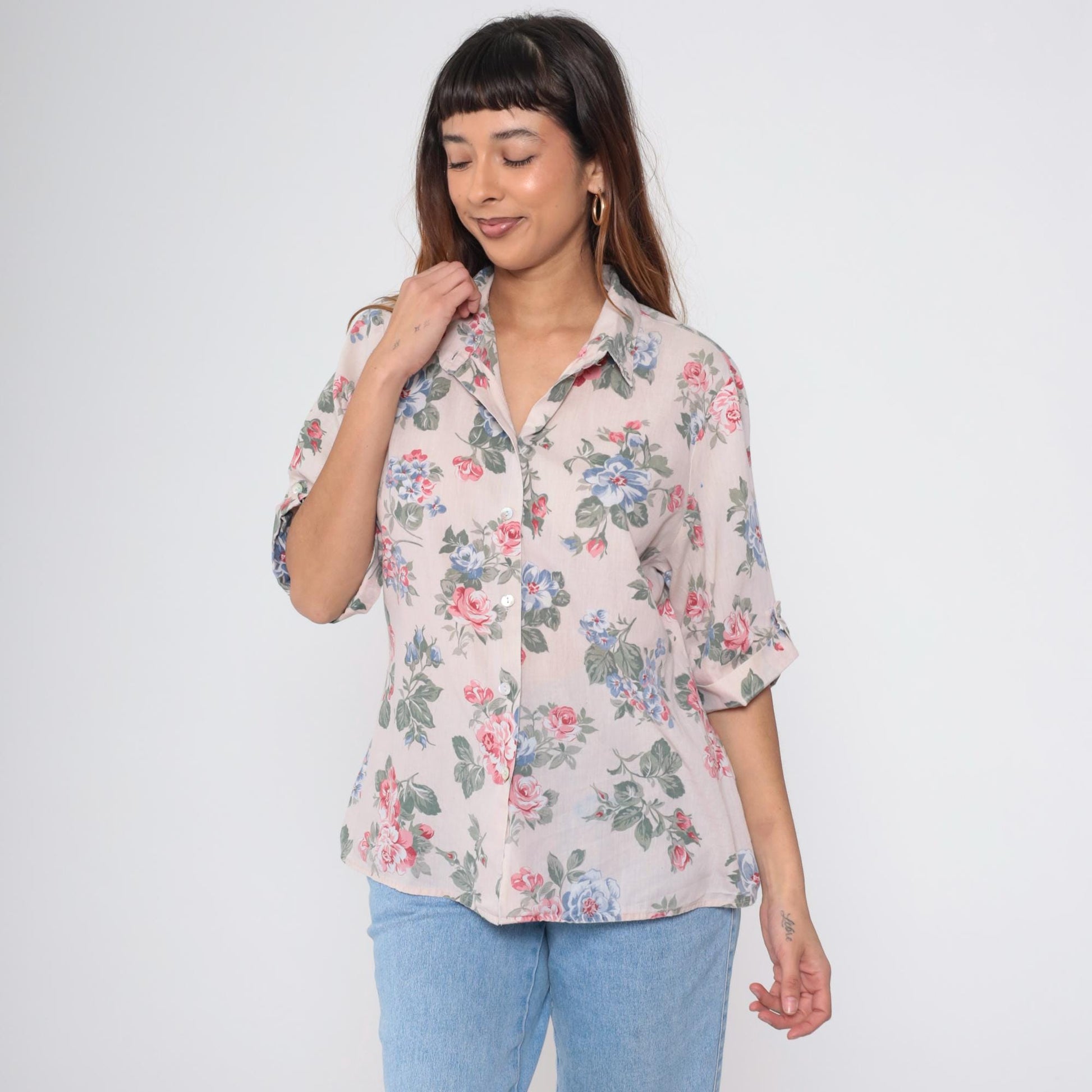 90s Beige Floral Button-Up Blouse Roll Tab Sleeve Flower Print Extra Large XL