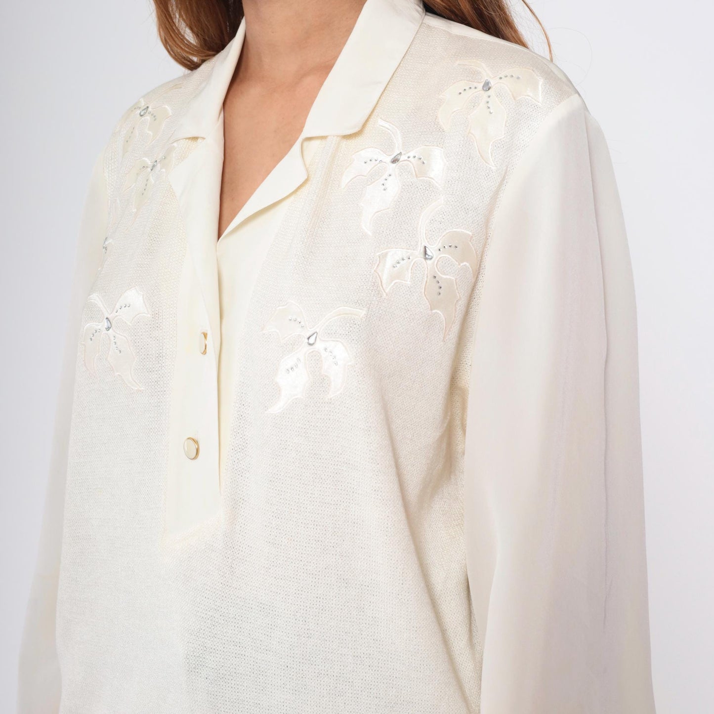 80s Philippe Marques Ivory Blouse Floral Appliqué Rhinestone Satin Knit Large L