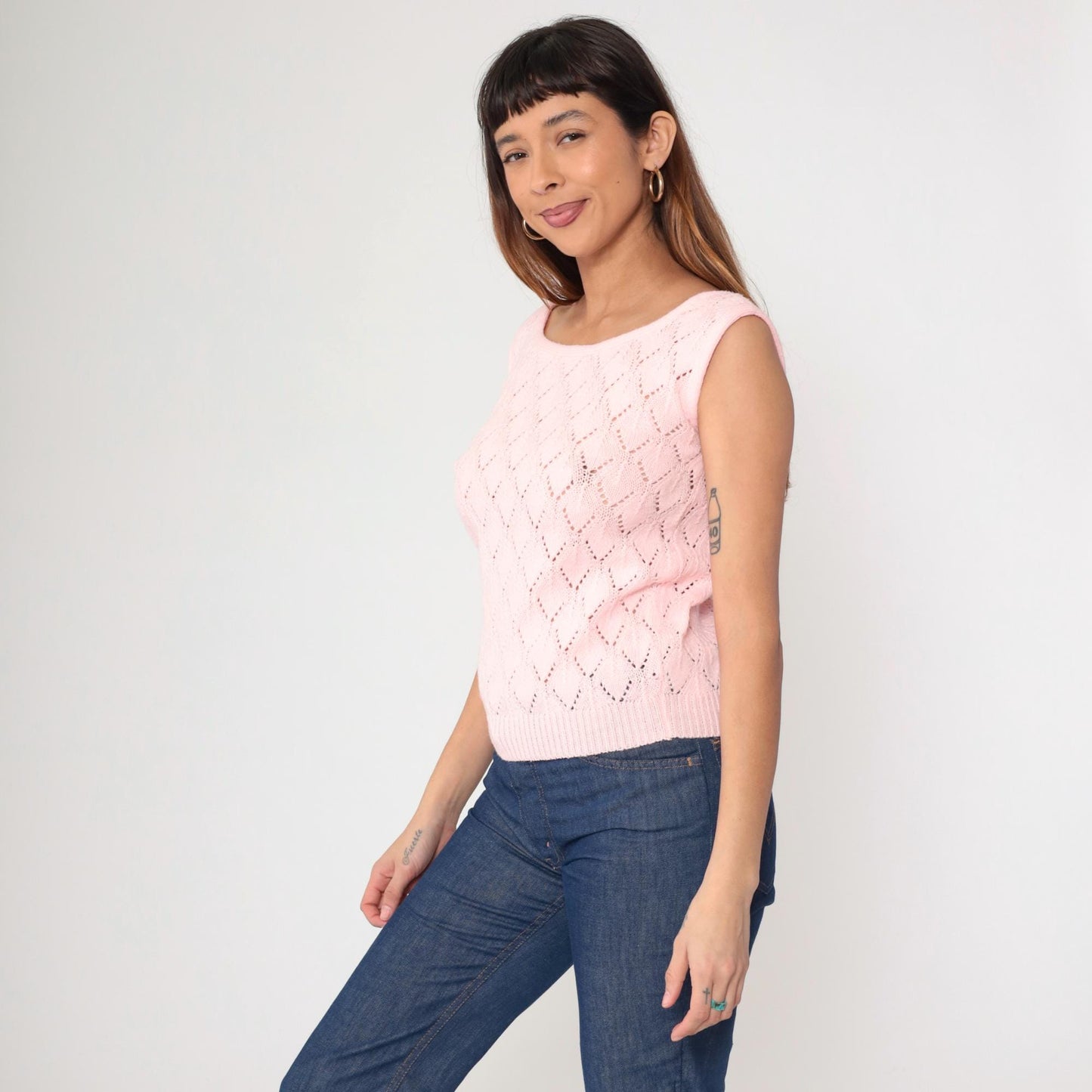 70s Pink Pointelle Knit Sleeveless Vest Wide Neckline Small