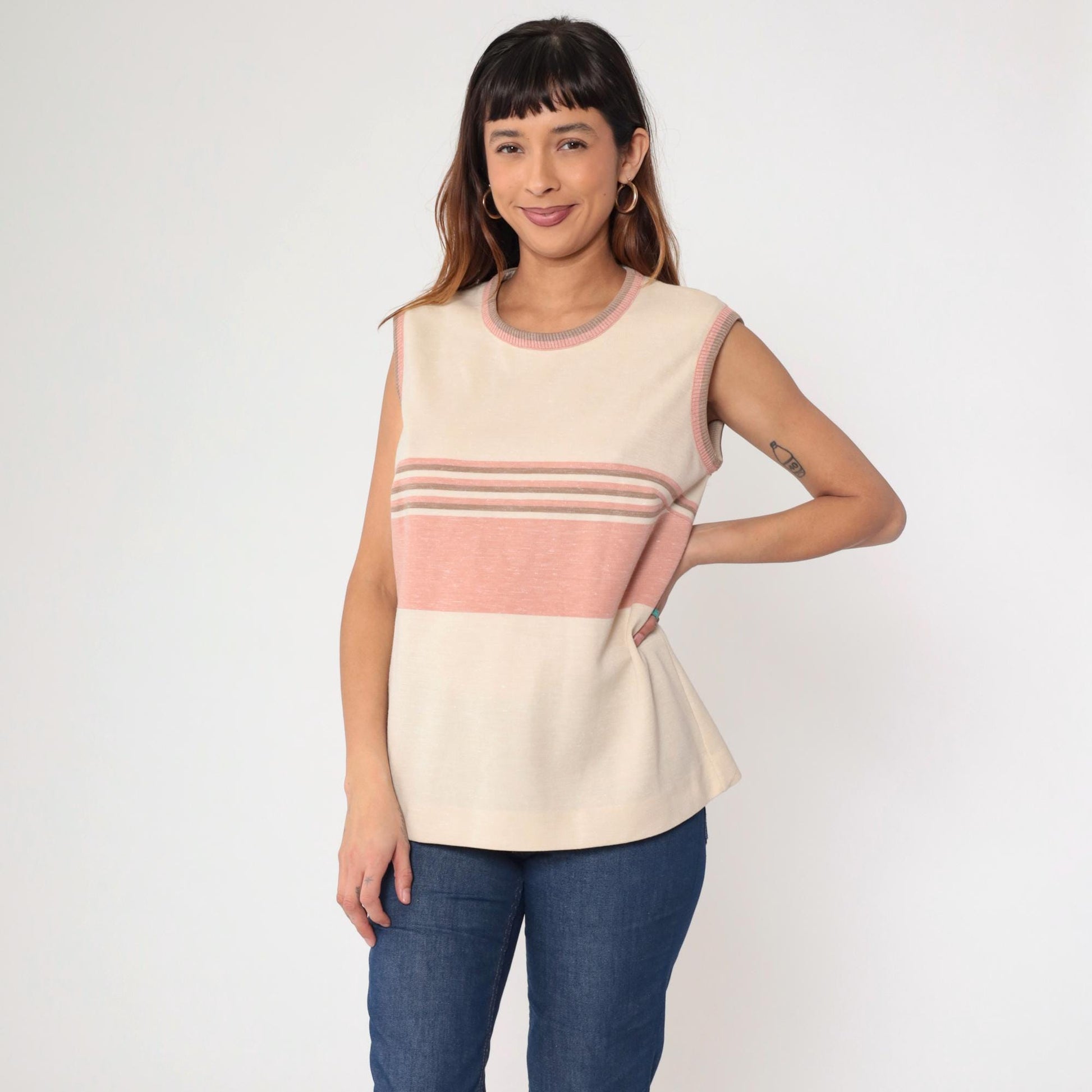 70s Striped Tank Top Cream Pink Ringer Neckline Sleeveless Medium Large