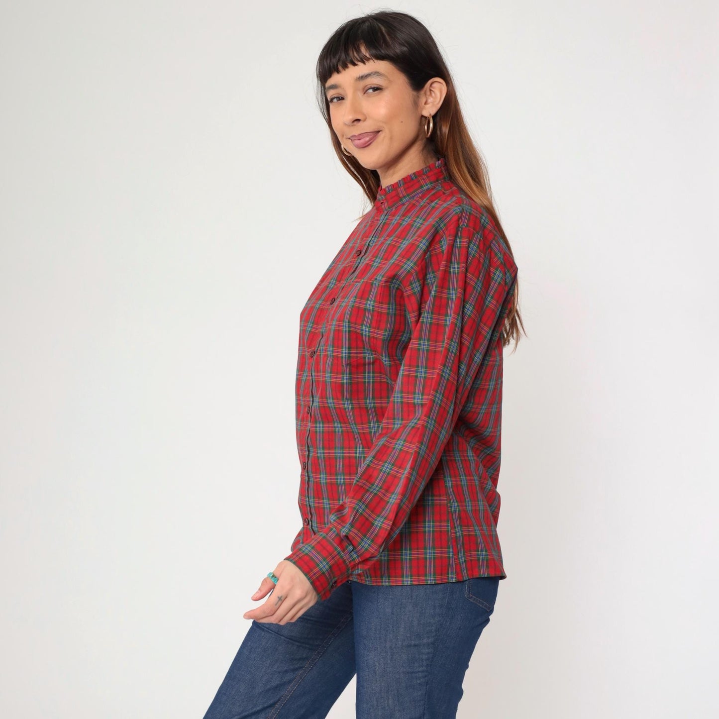 80s Red Plaid Button-Up Blouse Ruffled Collar Long Sleeve Medium M