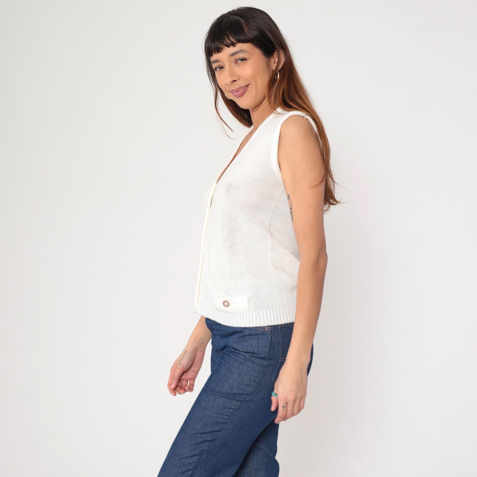 80s White Knit Sweater Vest V-Neck Button-Up Sleeveless Small S
