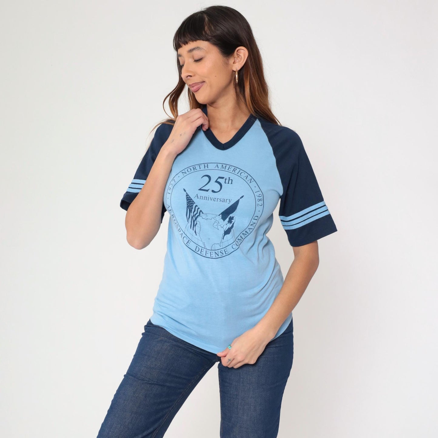 80s NORAD 1982 Anniversary Ringer T-Shirt Blue Graphic Tee Small