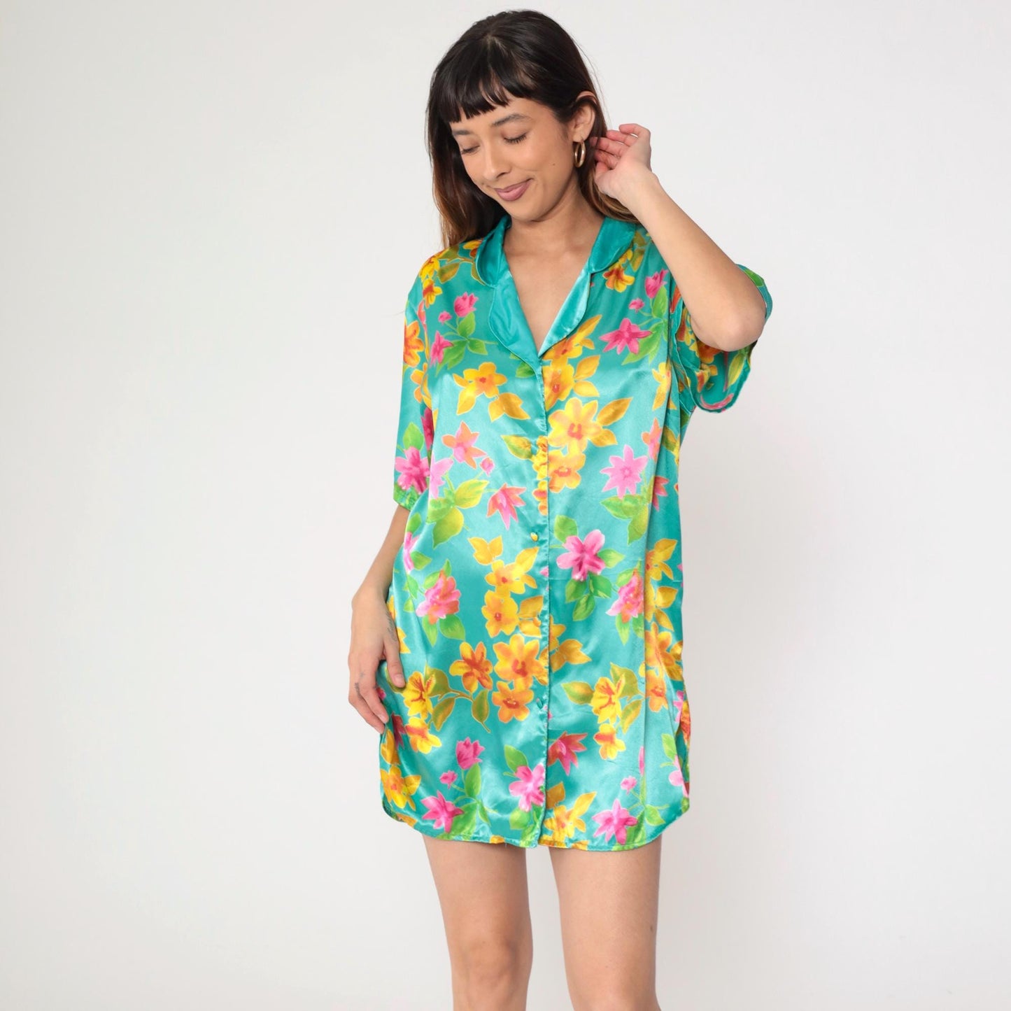 90s Victoria's Secret Aqua Floral Satin Nightgown Button-Up Mini Medium M