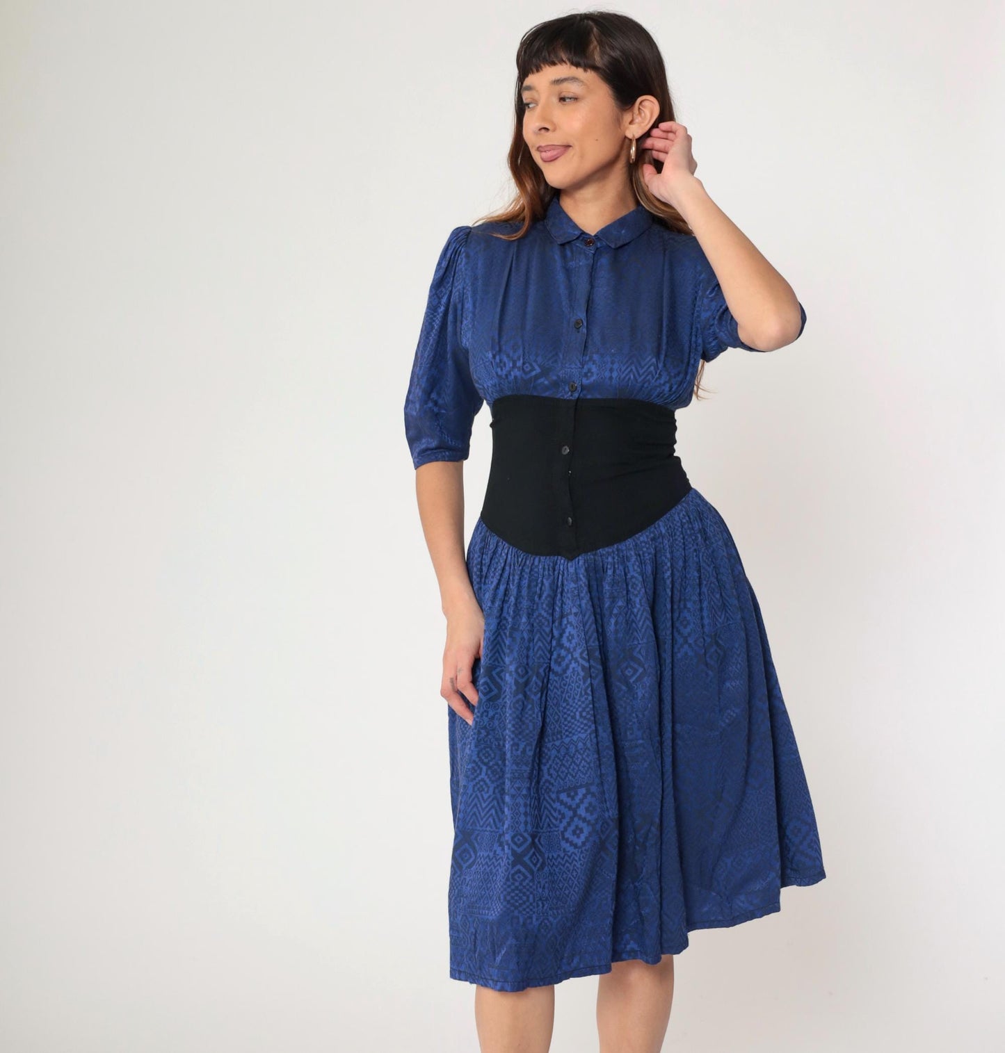 80s Lady Ann Blue Geometric Midi Dress Cinched Waist Puff Sleeve Small S