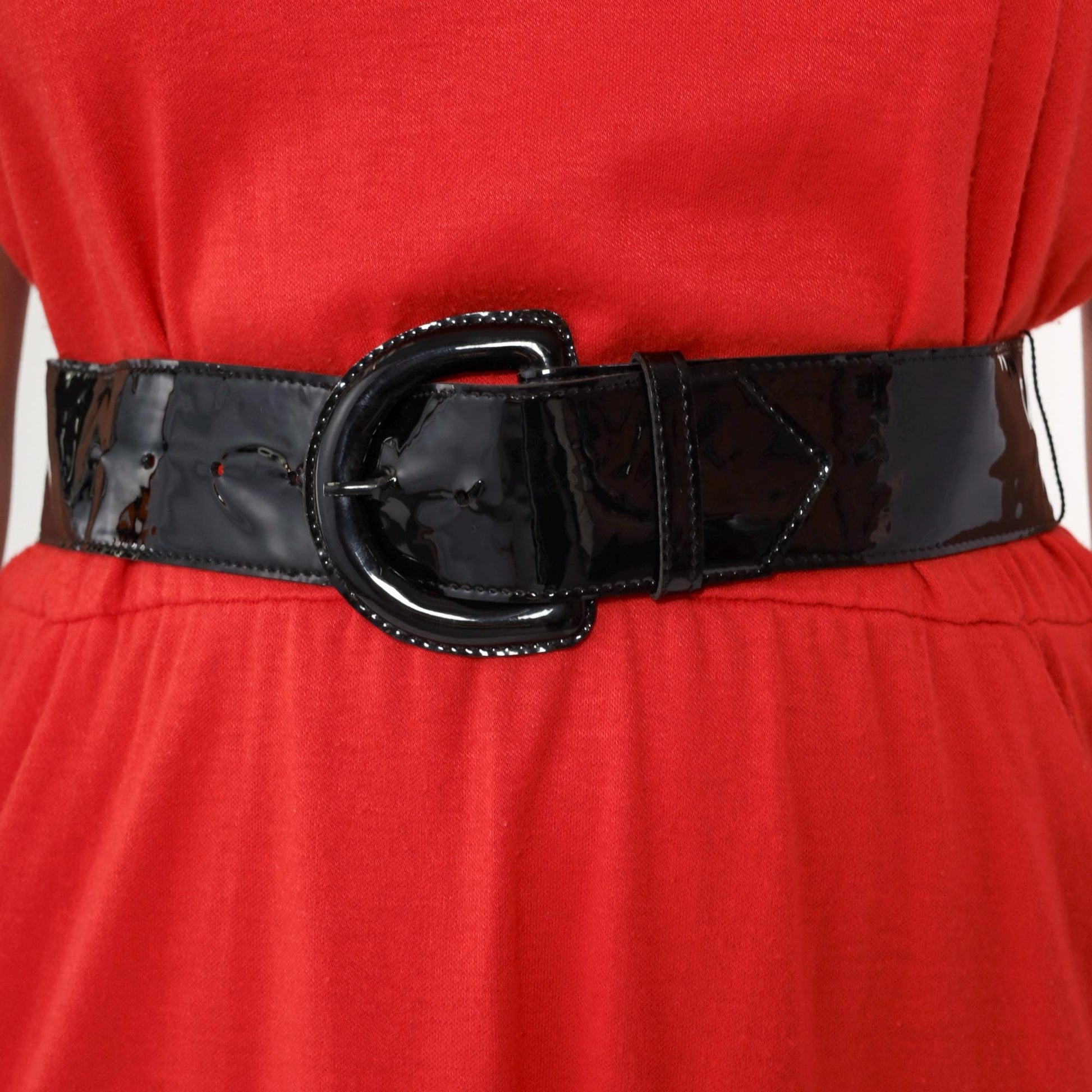 80s Red Pencil Dress with Black Patent Belt Mock Neck Medium M
