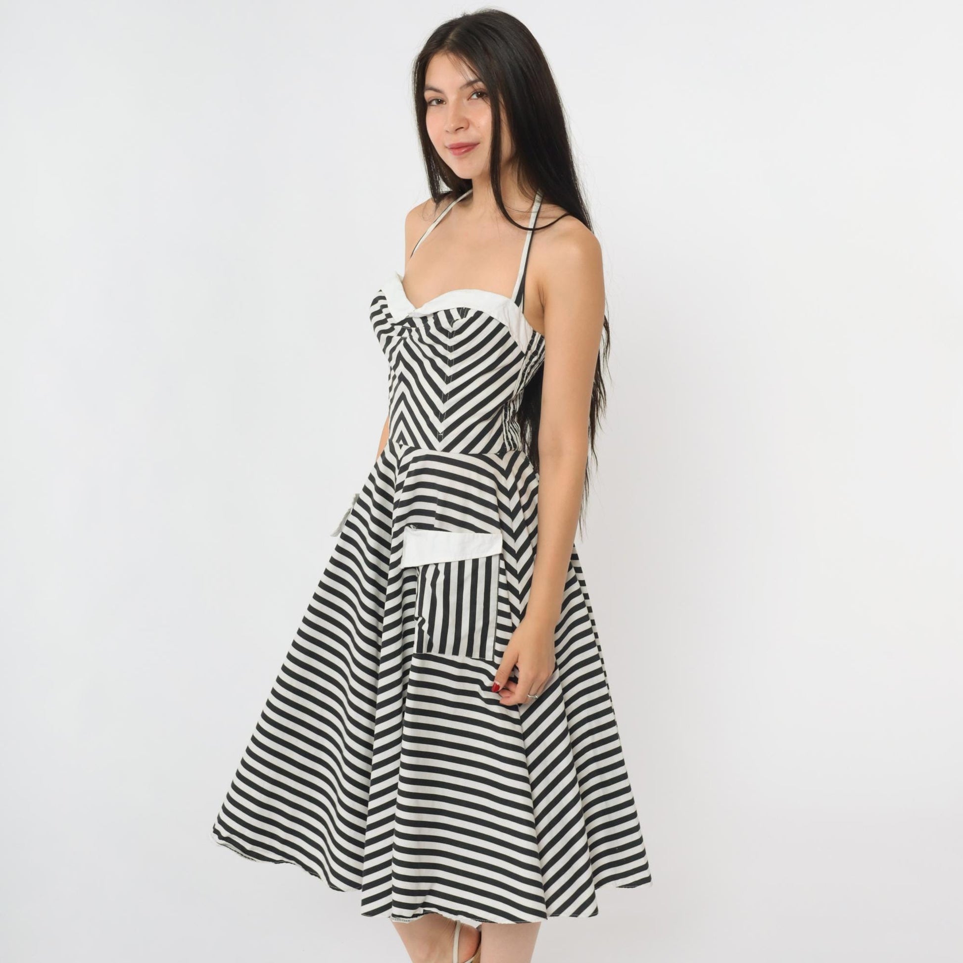 80s Black White Striped Halter Midi Dress Sweetheart Neckline Extra Small