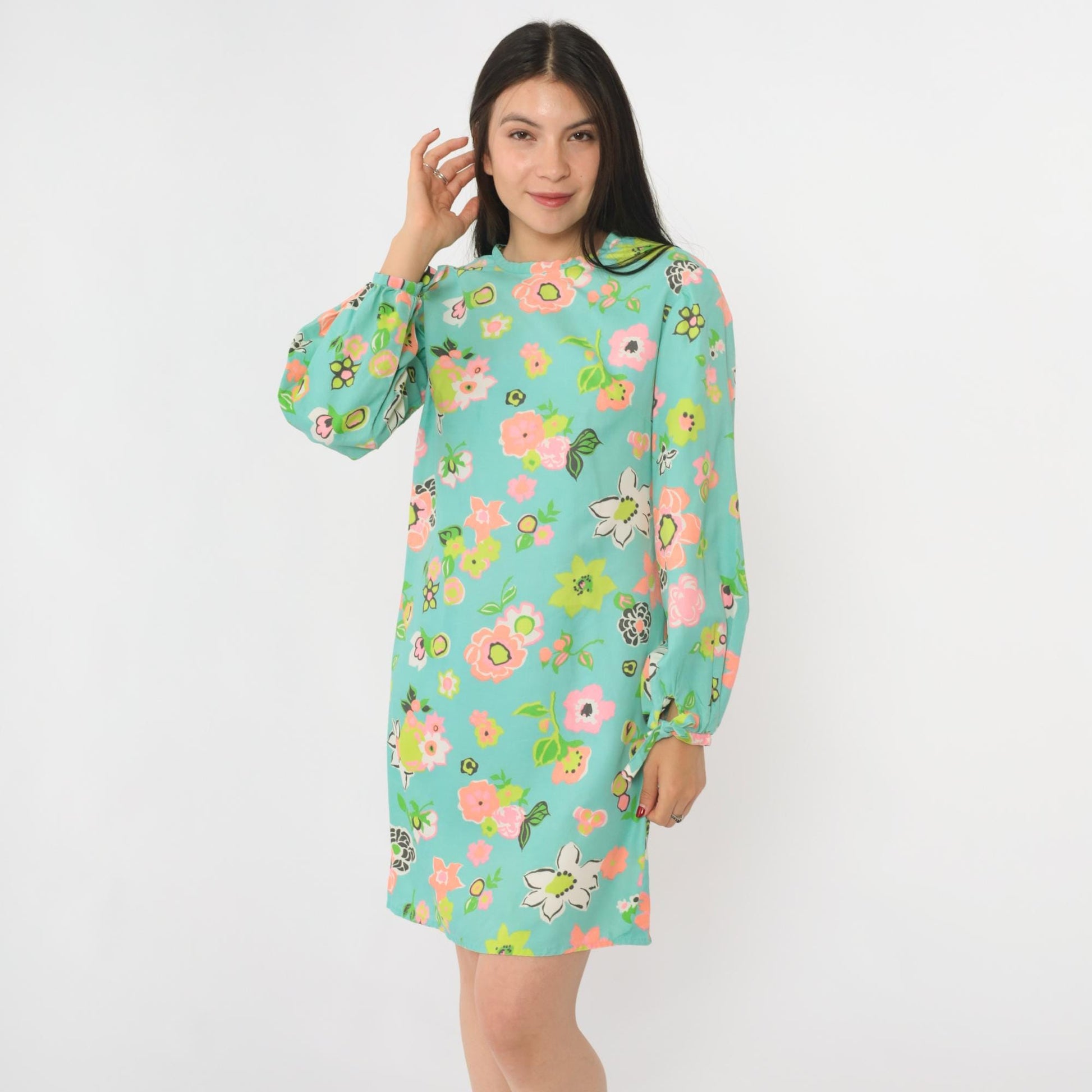 60s Mod Floral Mini Dress Aqua Blue Keyhole Back Long Sleeve Small