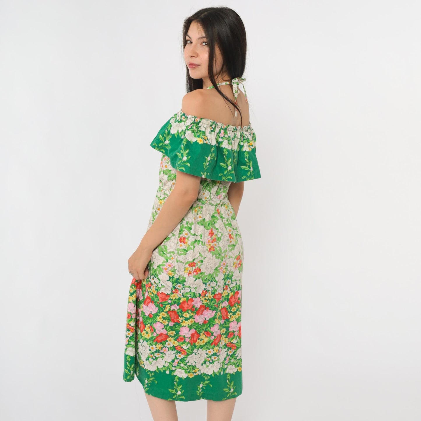 70s Parade Floral Off-Shoulder Midi Dress Green White Halter Small Medium