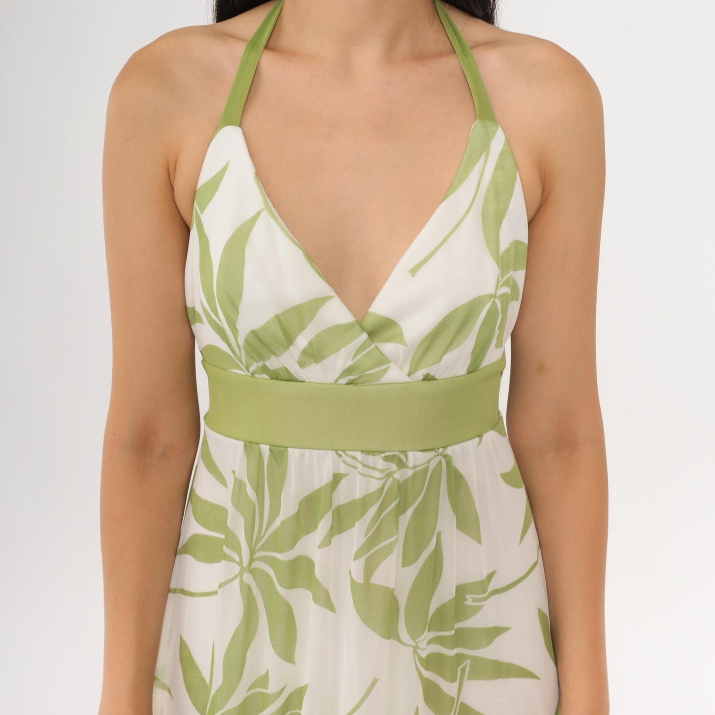 Y2K White Floral Halter Maxi Dress Green Print Empire Waist Medium