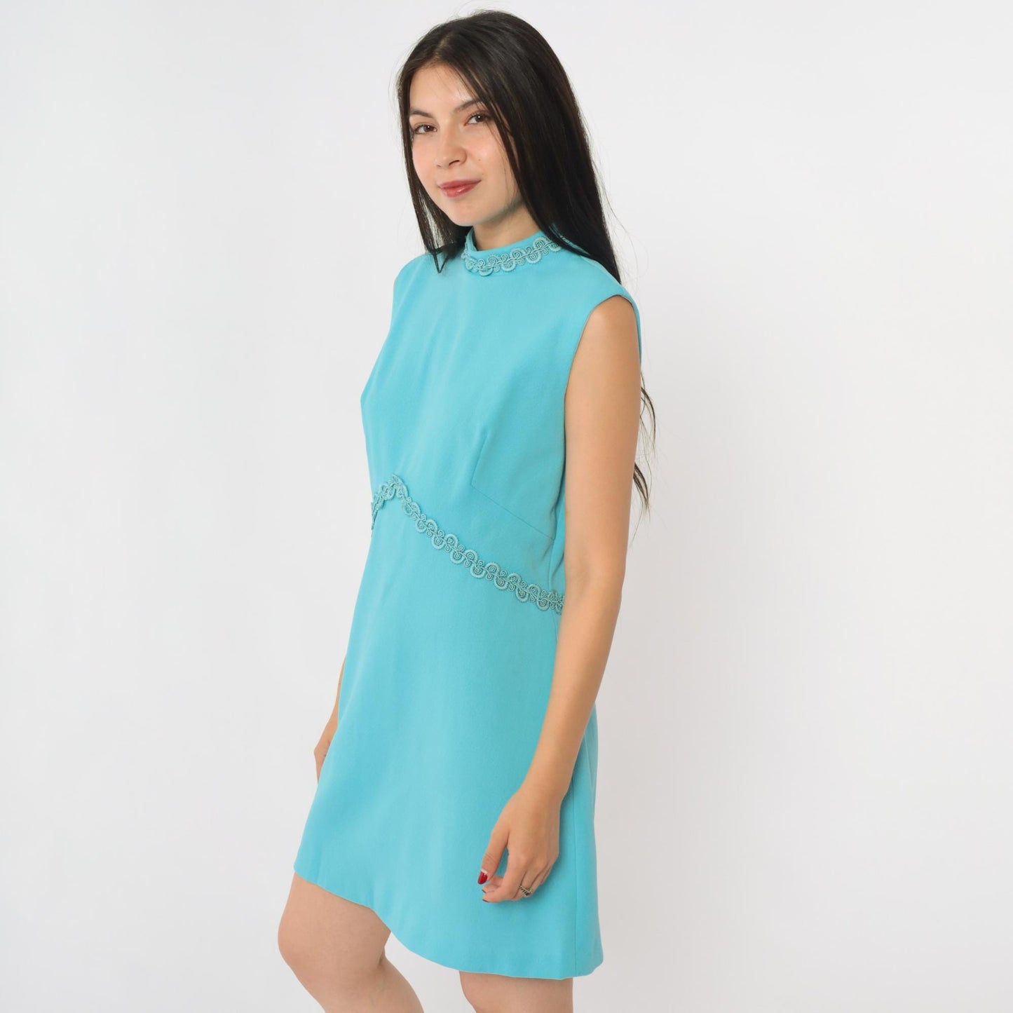 70s Blue Mod Mini Dress Empire Waist Mock Neck Sleeveless Medium M