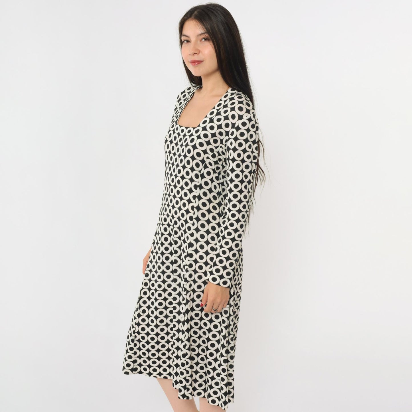 70s Maurice Black White Op Art Circle Print Midi Dress Square Neck Large L