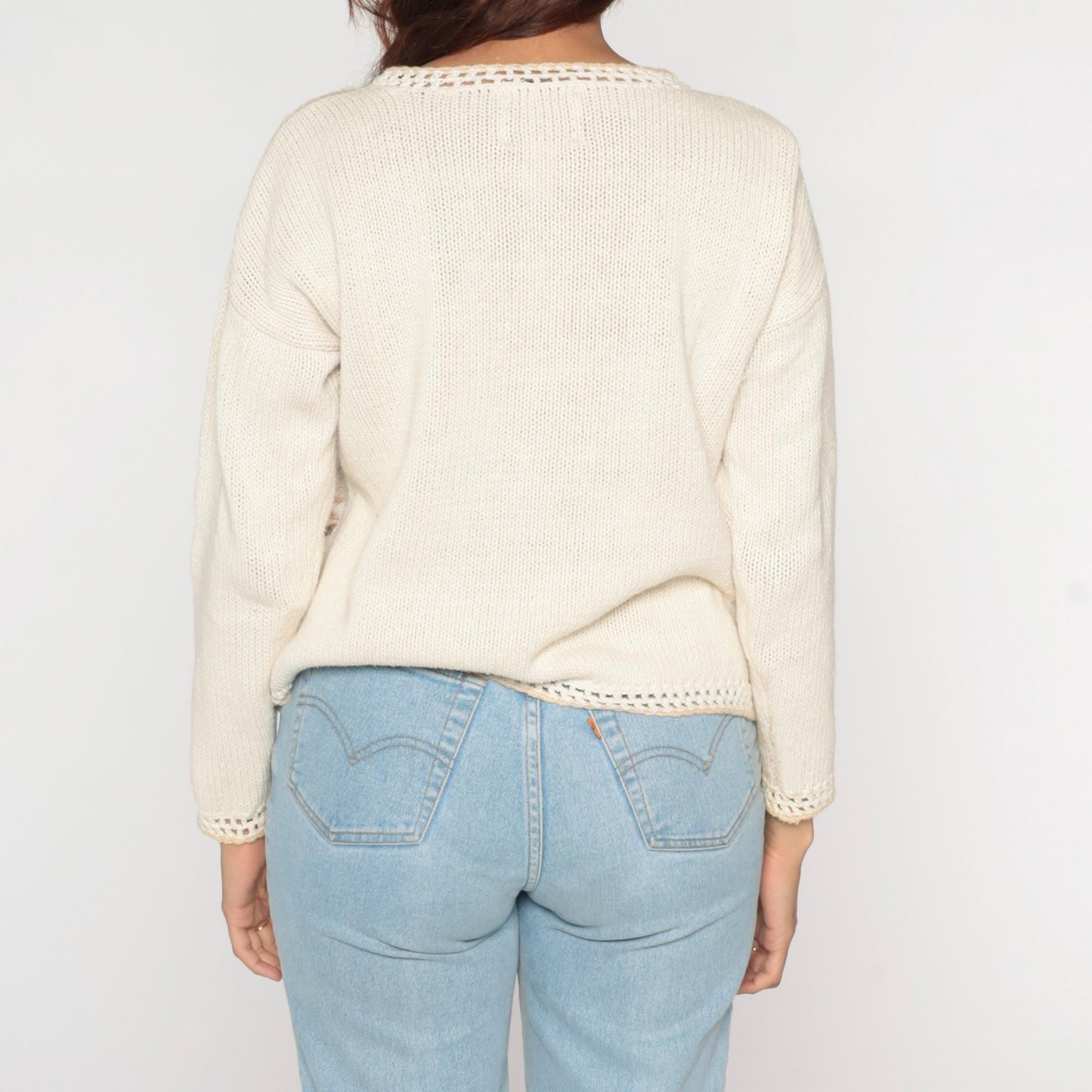 90s Erika Petites Floral Embroidered Openwork Sweater Ecru Small