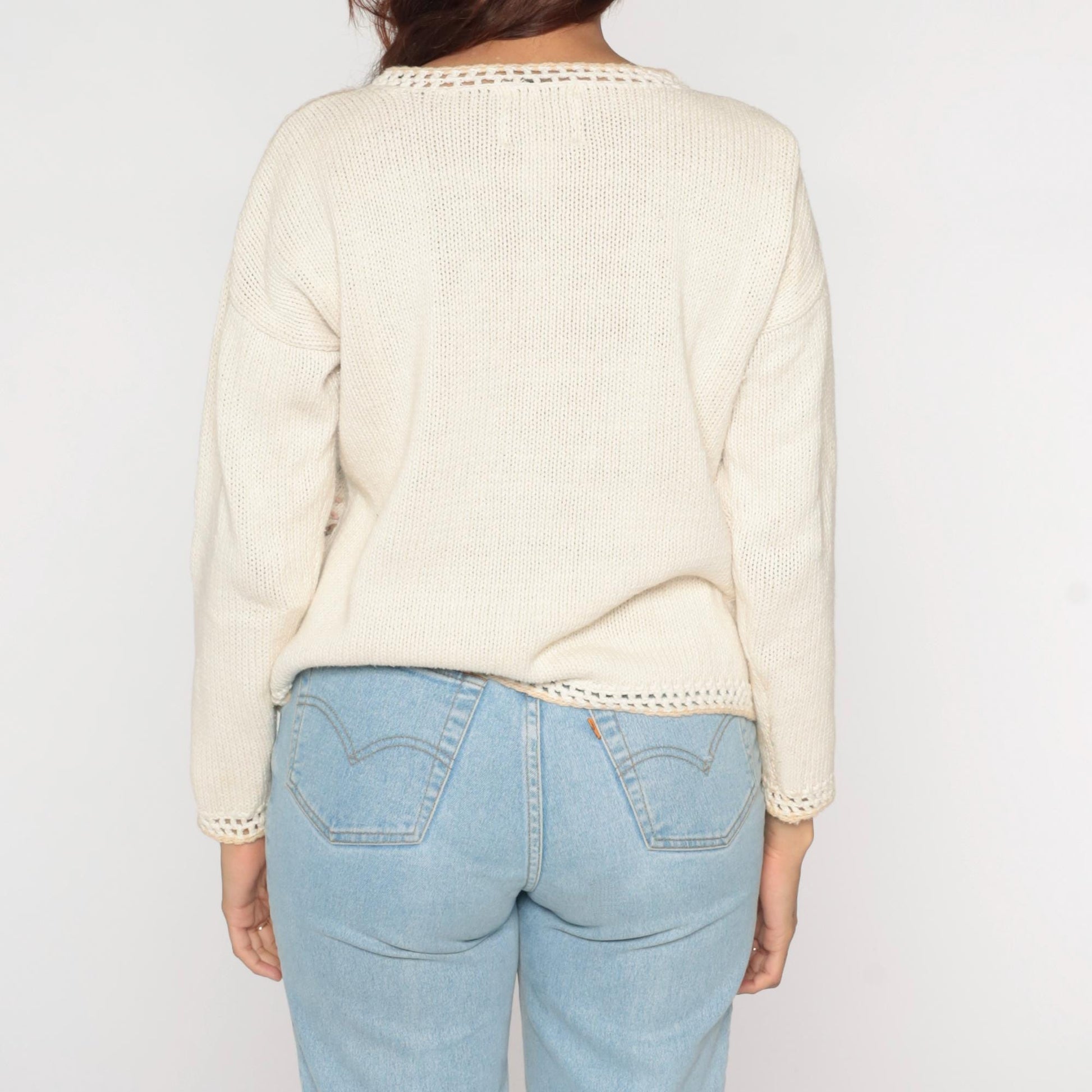90s Erika Petites Floral Embroidered Openwork Sweater Ecru Small