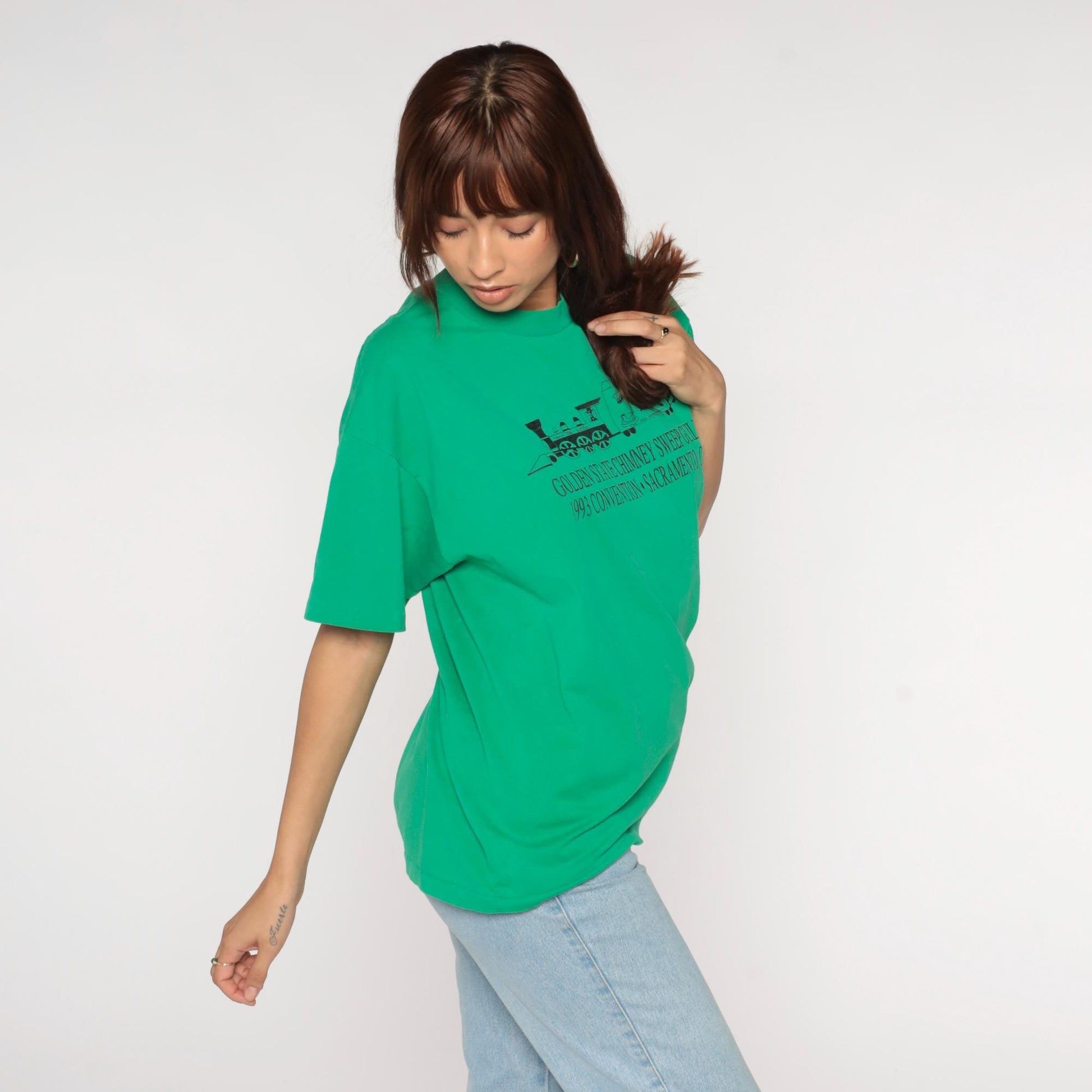 90s Chimney Sweep Guild Convention Graphic Tee Green Train Print Extra Large