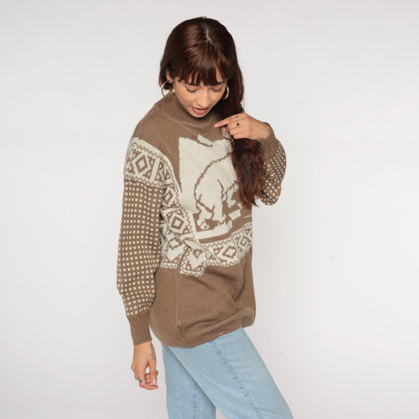 80s Polar Bear Graphic Sweater Brown Mock Neck Pullover Knit Medium