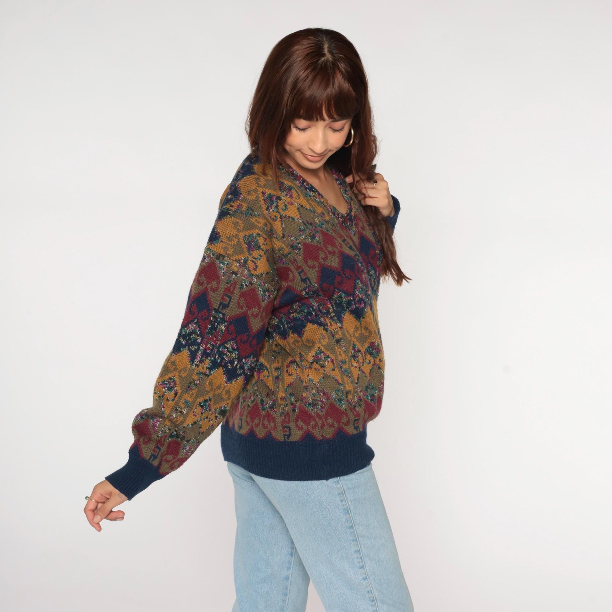 80s Scusa Abstract Geometric V-Neck Sweater Mustard Burgundy Olive Large L