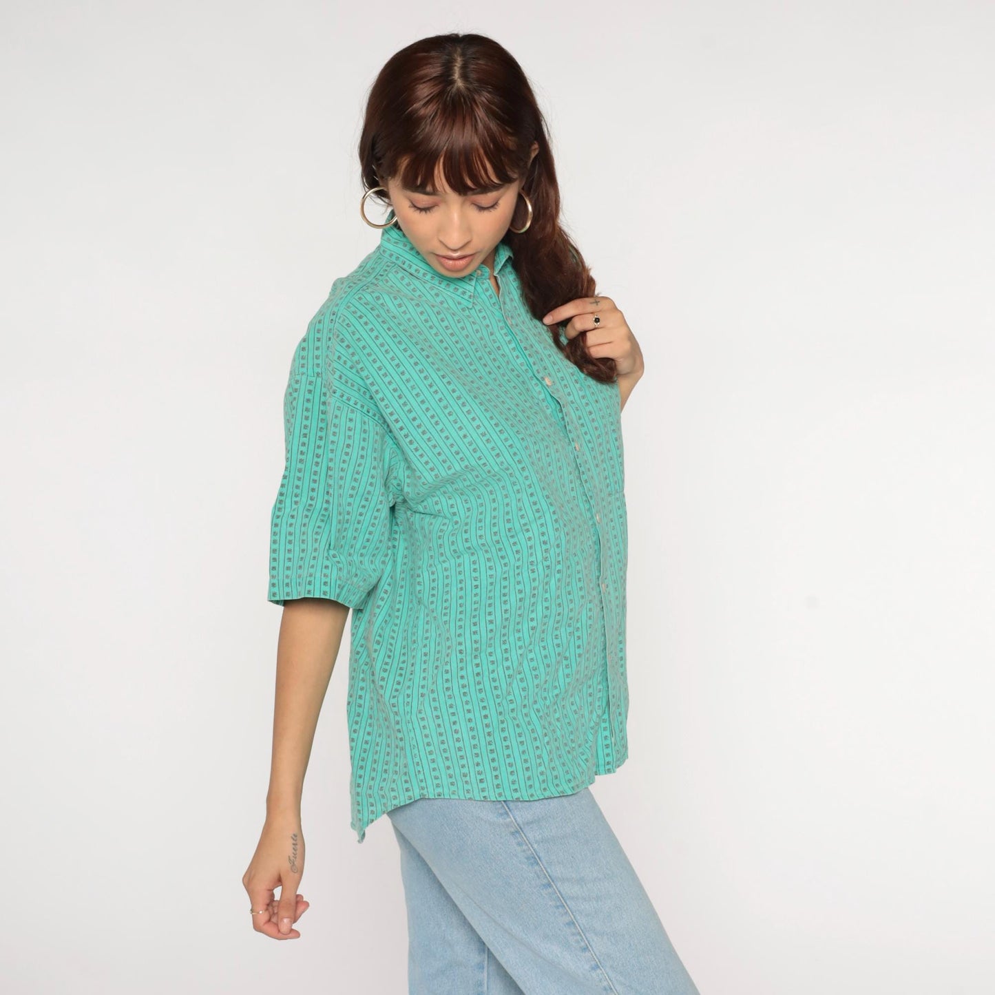 90s Green Striped Stamp Print Button-Up Shirt Boxy Fit Medium