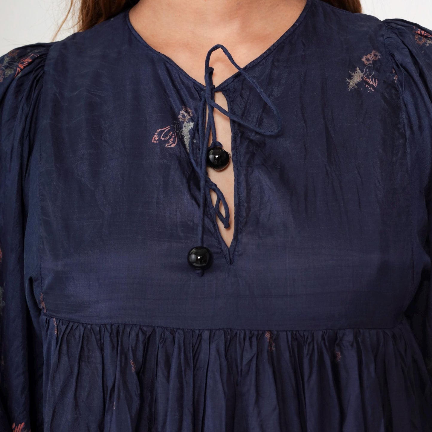 70s Phool Silk Dress Navy Blue Floral Block Print Empire Waist Midi Small