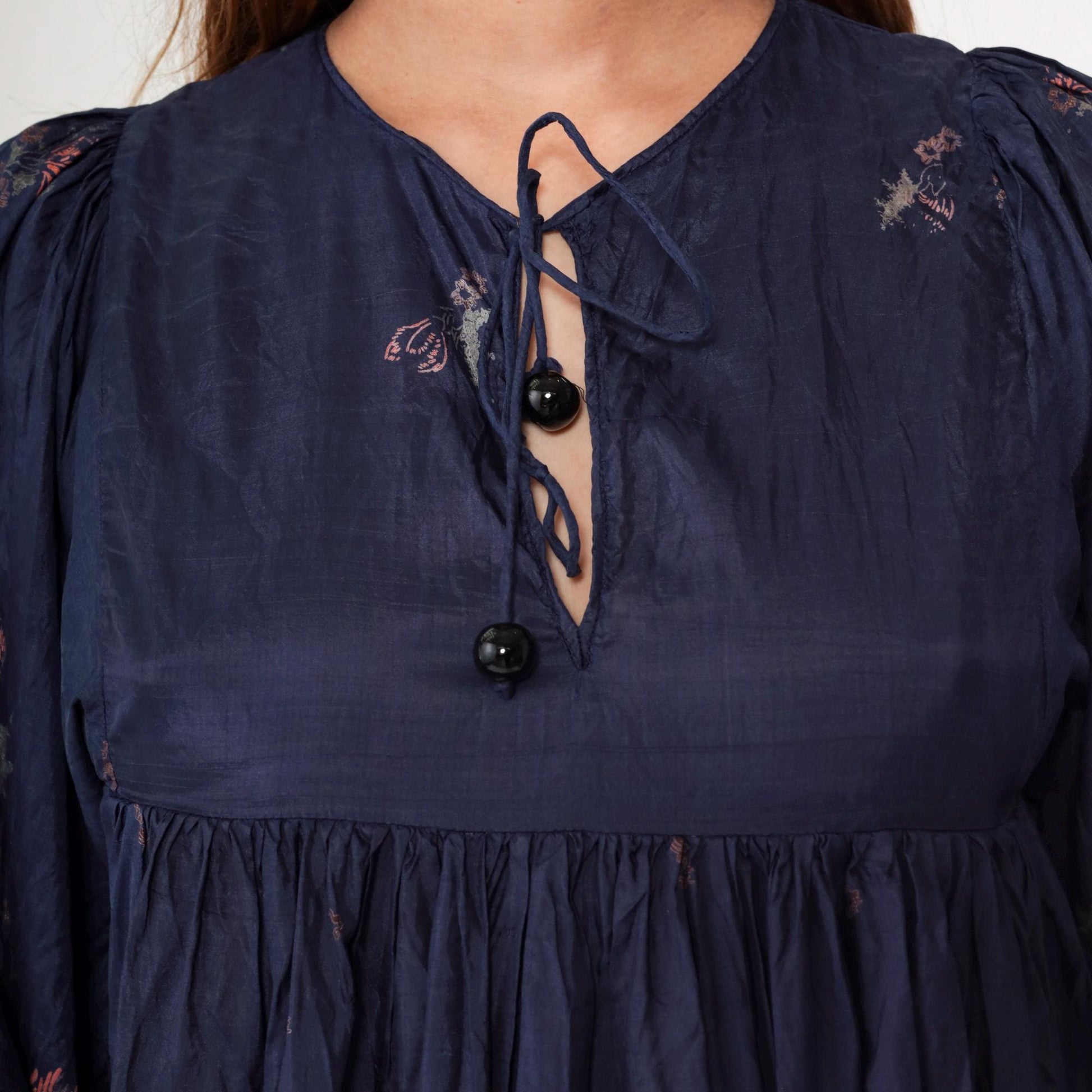70s Phool Silk Dress Navy Blue Floral Block Print Empire Waist Midi Small