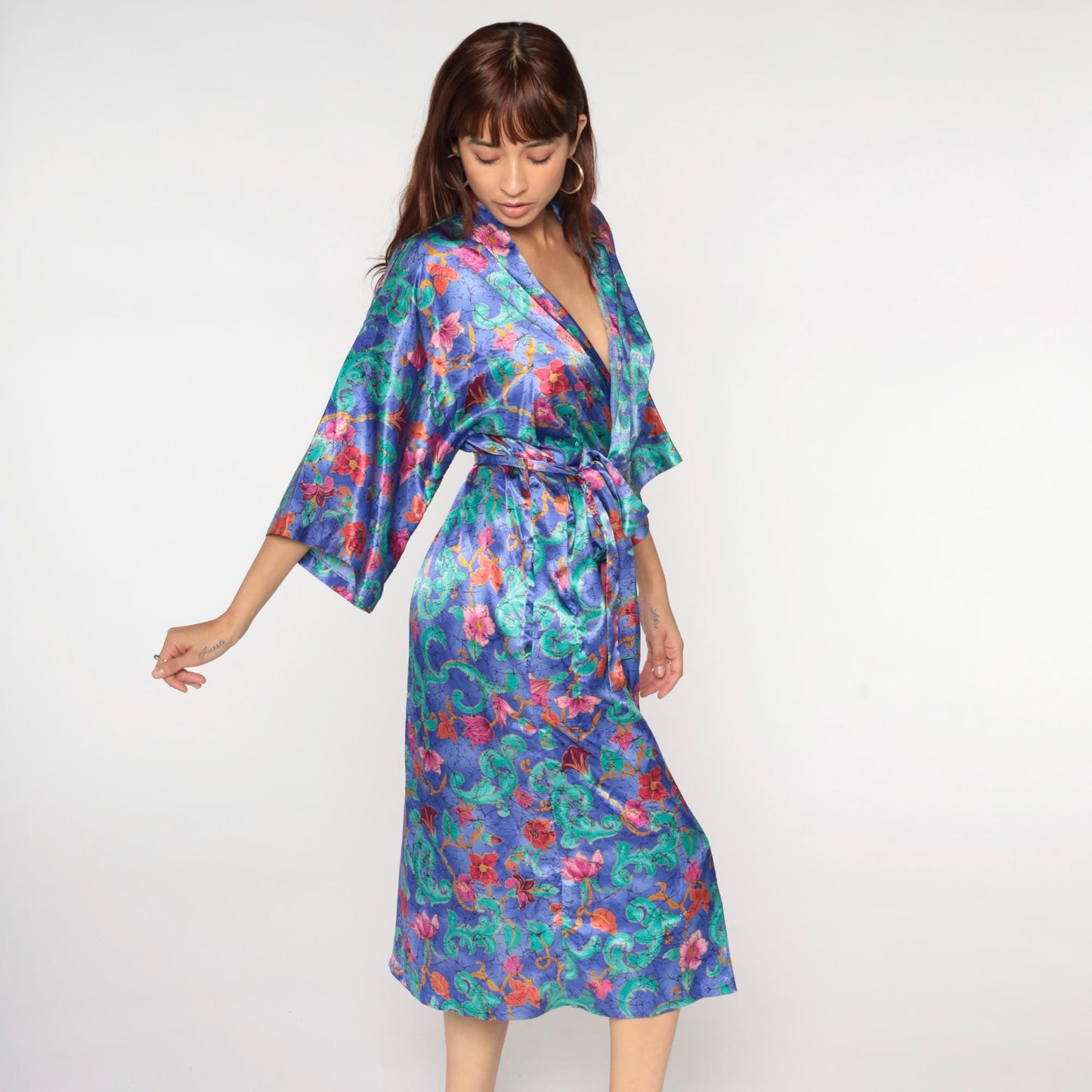 90s Purple Floral Satin Midi Robe Wrap Front Tie Belt Large