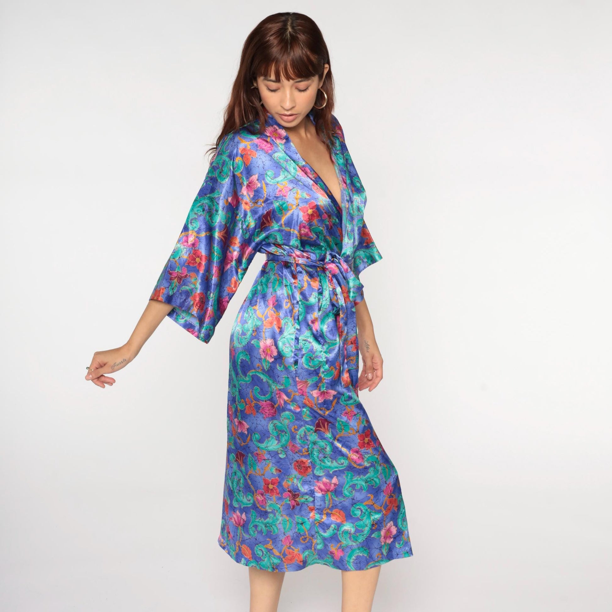 90s Purple Floral Satin Midi Robe Wrap Front Tie Belt Large