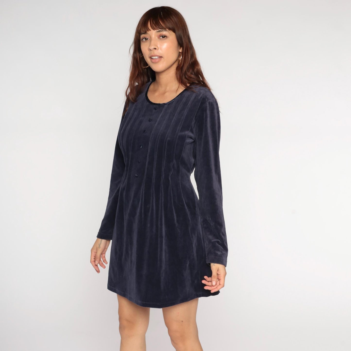 90s Midnight Blue Velour Mini Dress Long Sleeve Pleated Babydoll Medium M
