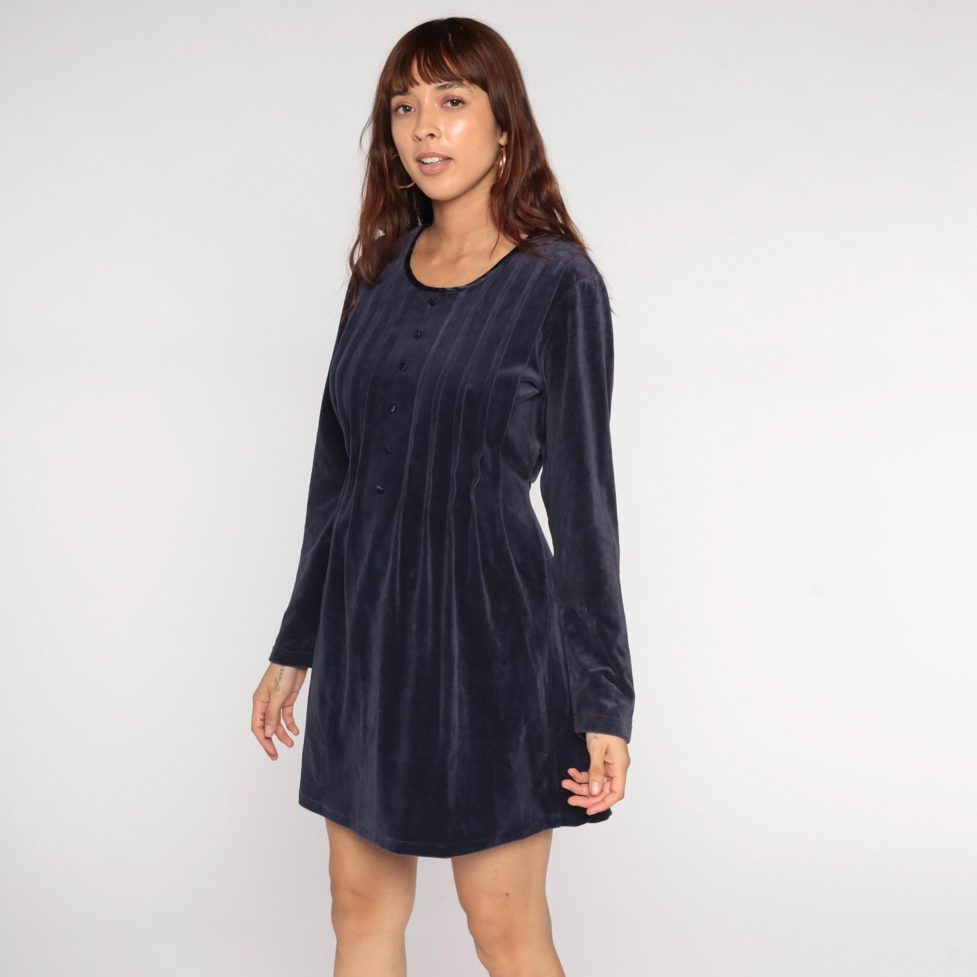 90s Midnight Blue Velour Mini Dress Long Sleeve Pleated Babydoll Medium M