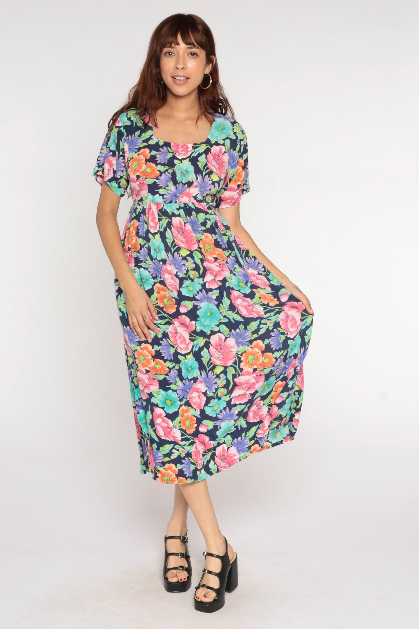 90s Diane Von Furstenberg Floral Empire Waist Midi Dress Navy Square Neck Extra Small