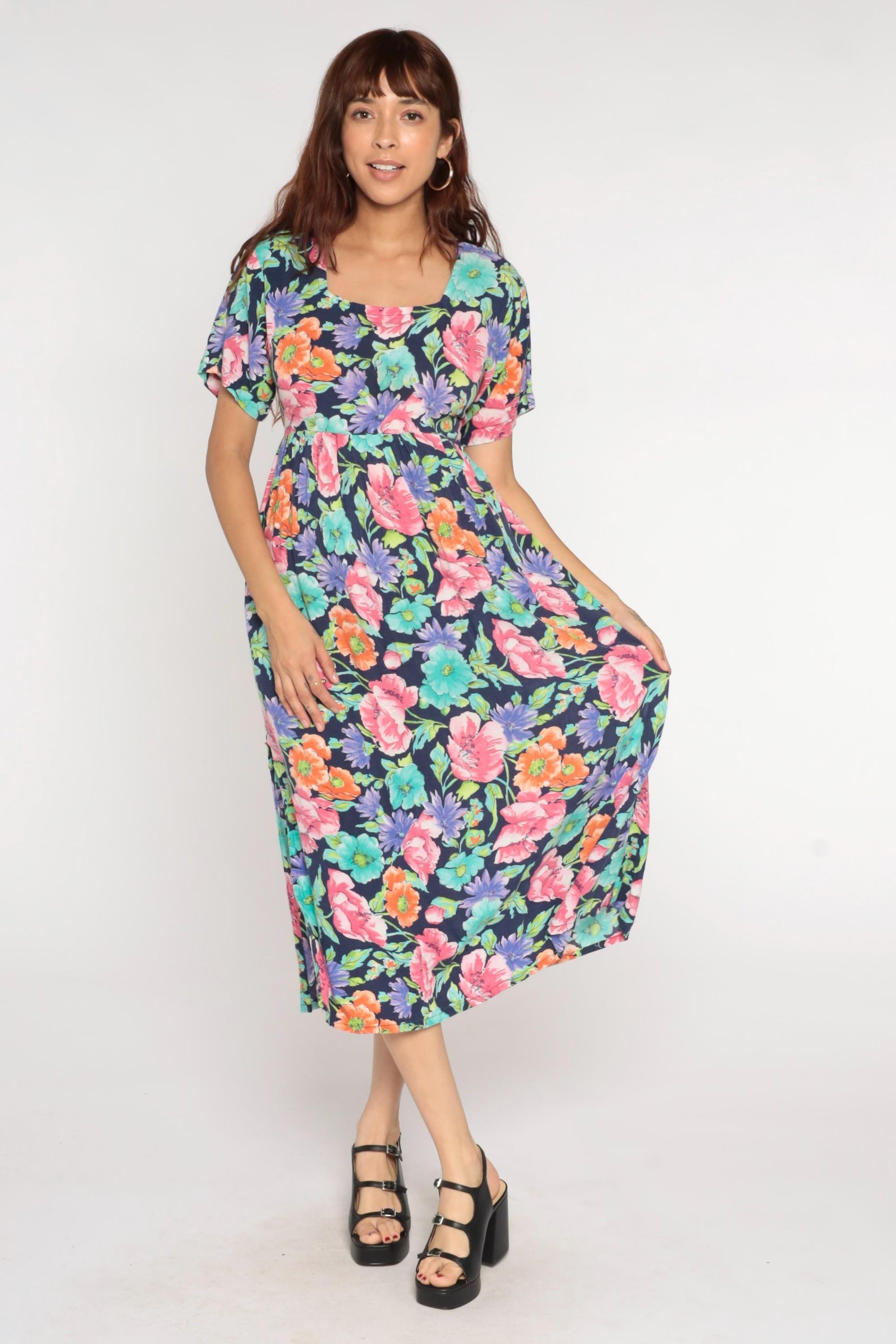 90s Diane Von Furstenberg Floral Empire Waist Midi Dress Navy Square Neck Extra Small
