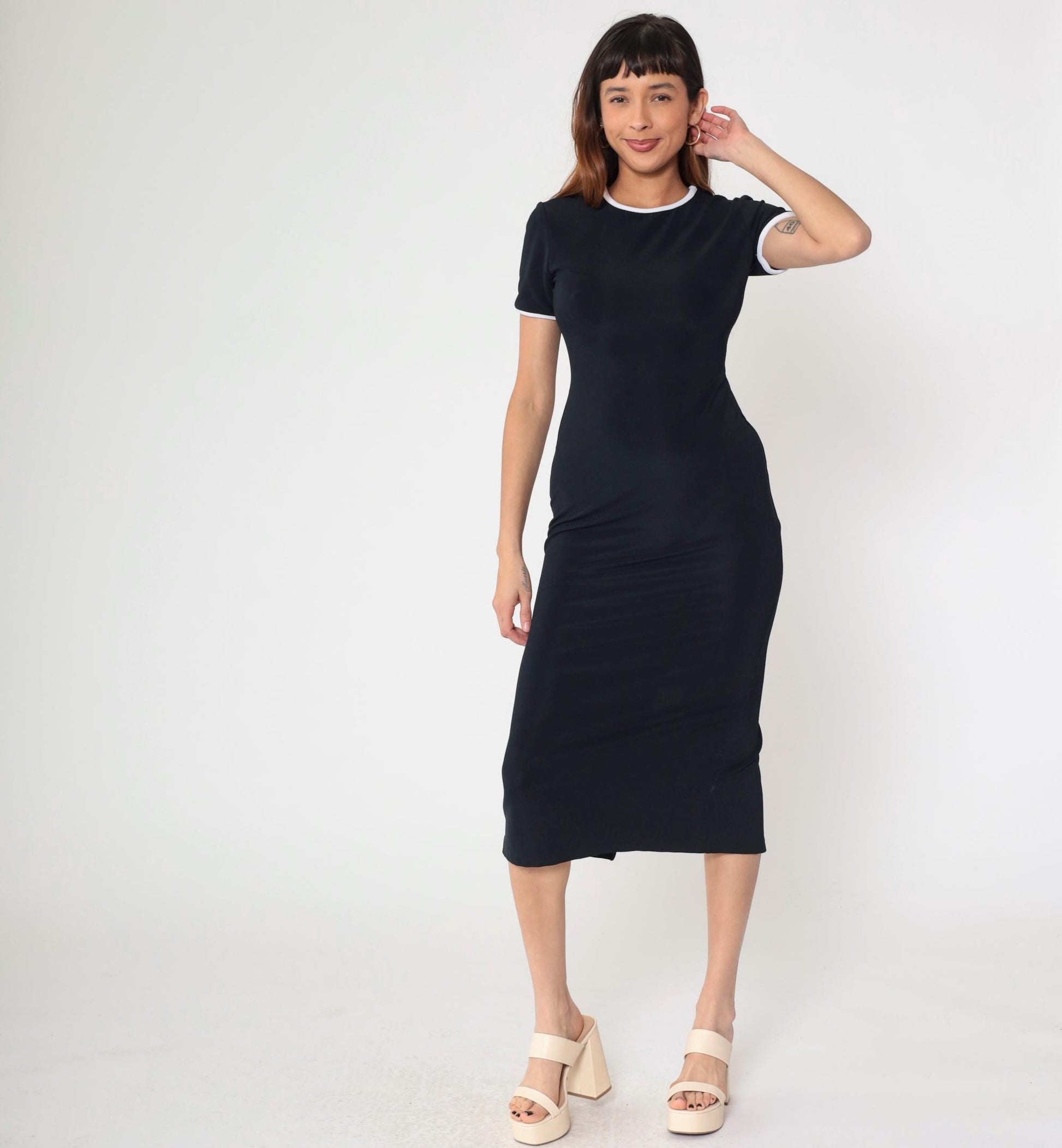 90s Black Bodycon Midi Dress White Ringer Trim Short Sleeve Small