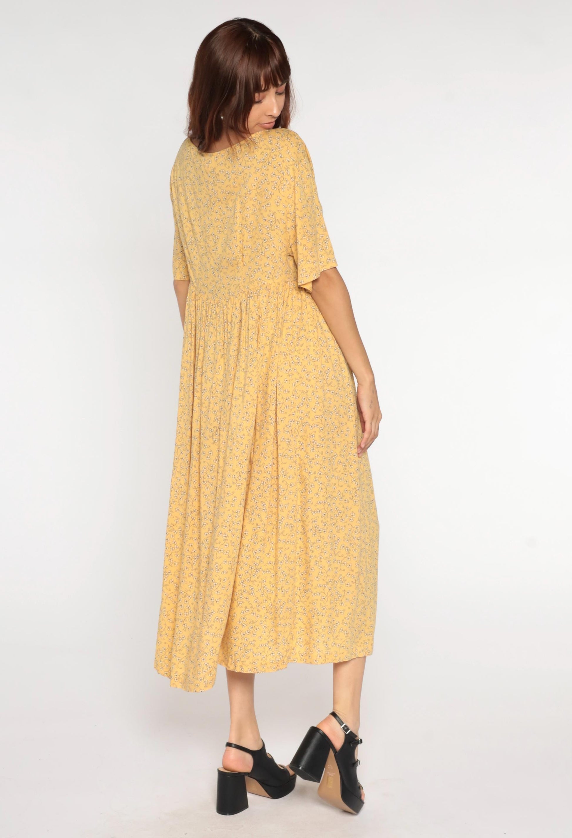 90s Yellow Floral Button-Up Shirtdress Rayon Maxi Ankle Length Medium