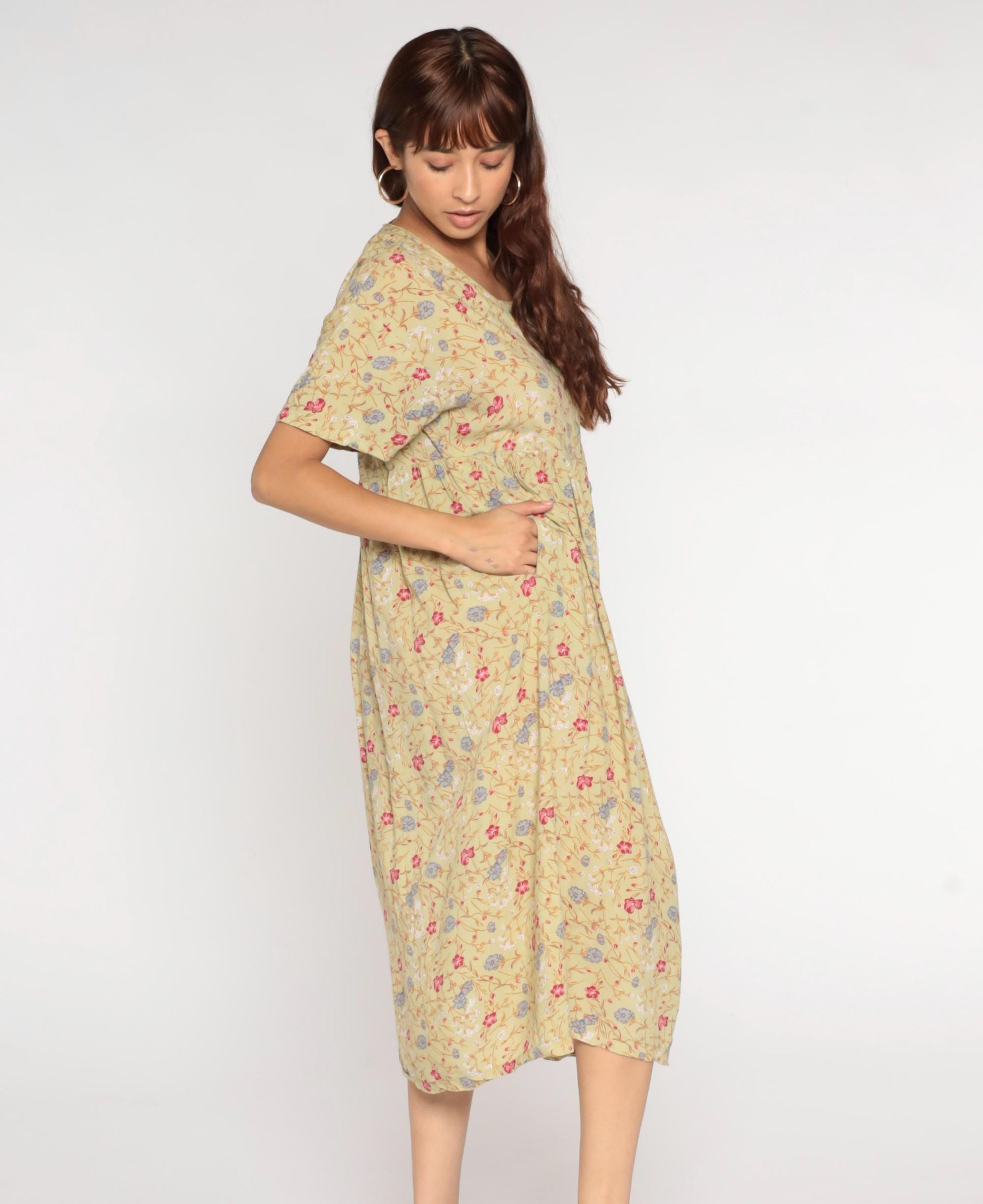 90s Sostanza Floral Button-Up Midi Dress Avocado Green High Waist Medium Large