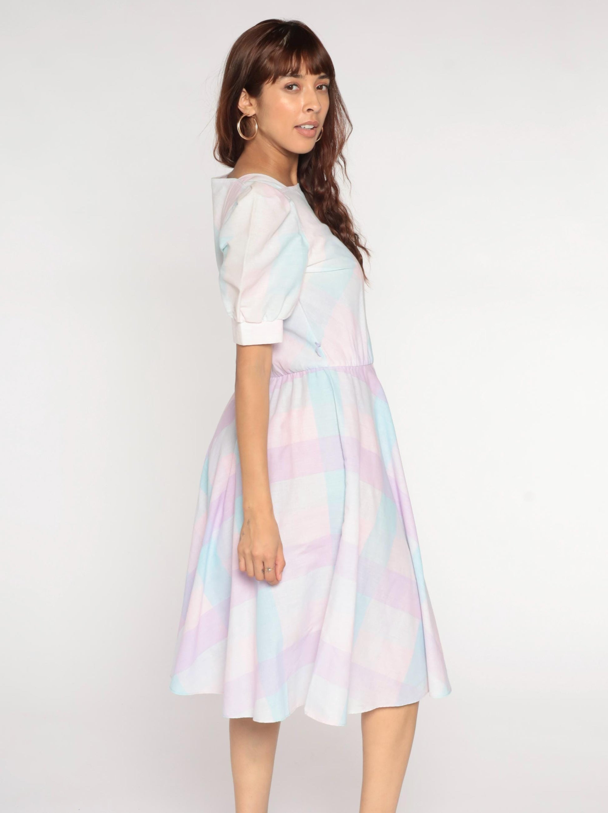 80s Pastel Checkered Puff Sleeve Midi Dress High Waist Pink Purple Blue Medium M