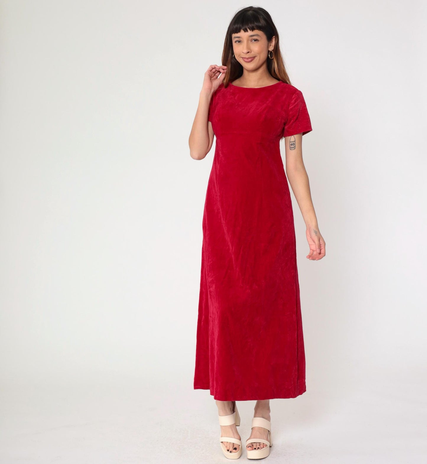 60s Red Velvet Maxi Dress Empire Waist Short Sleeve Small
