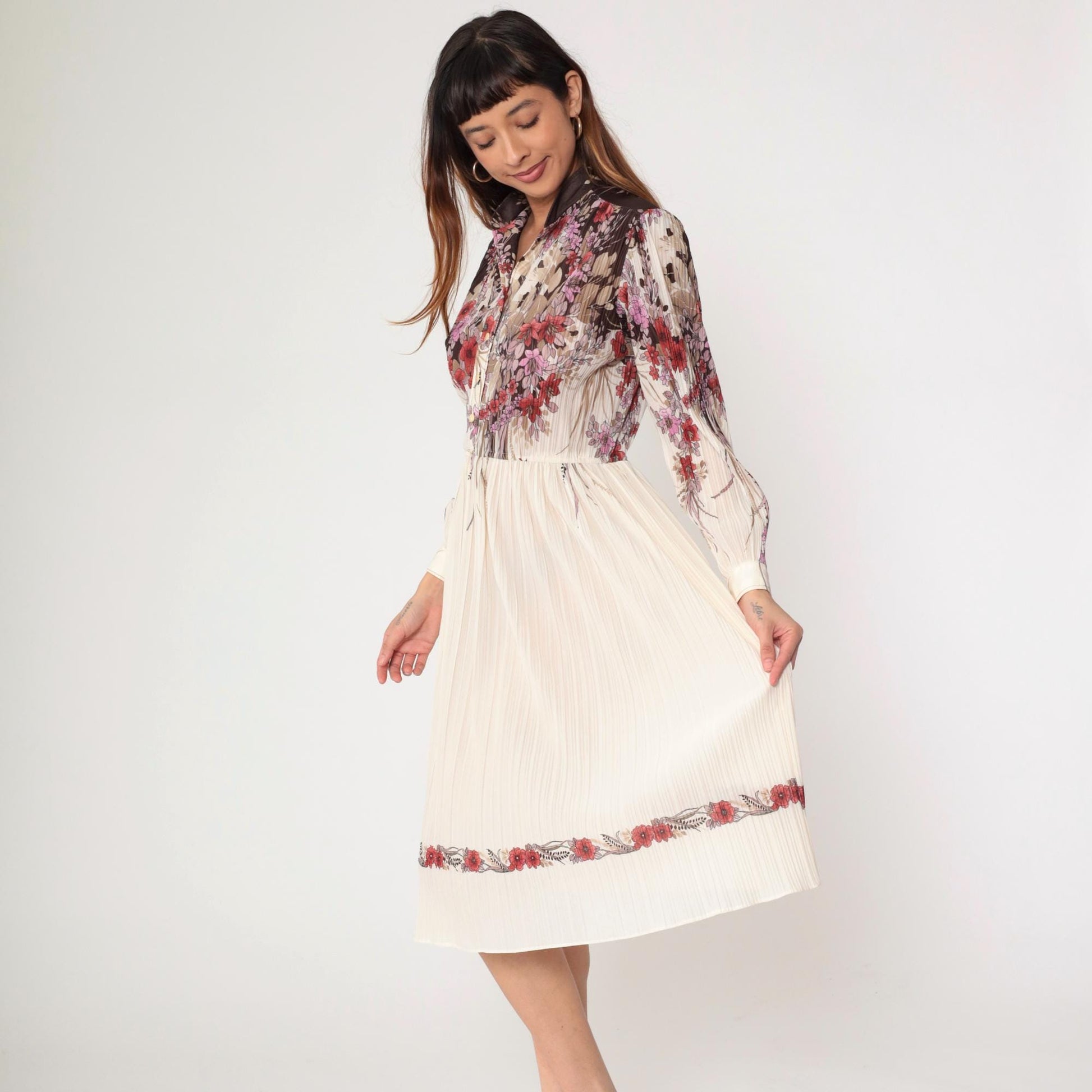 70s Off-White Floral Midi Shirtdress Knife Pleated High Waist Long Sleeve Small Medium