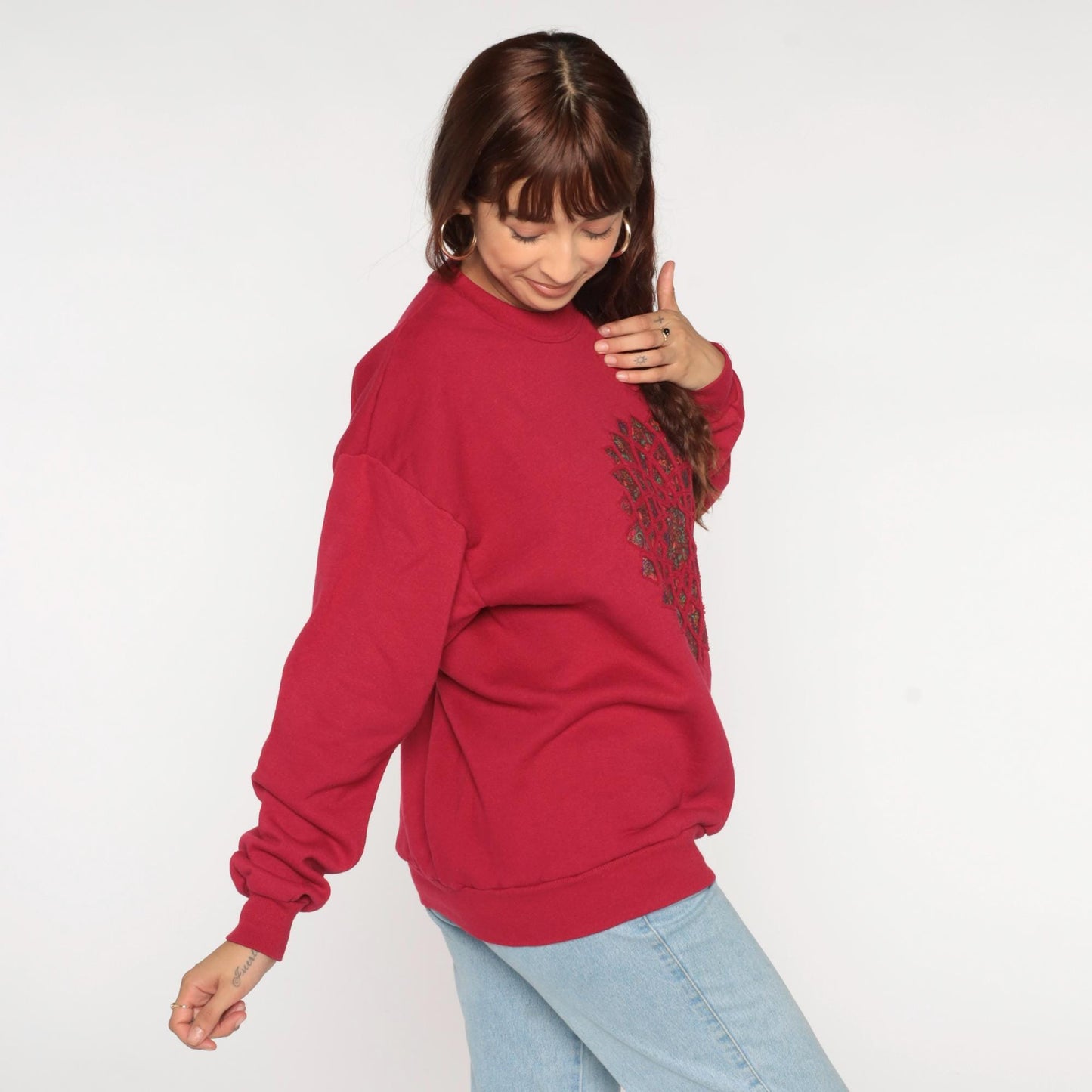 90s Jerzees Quilted Mandala Sweatshirt Deep Red Crewneck Large L