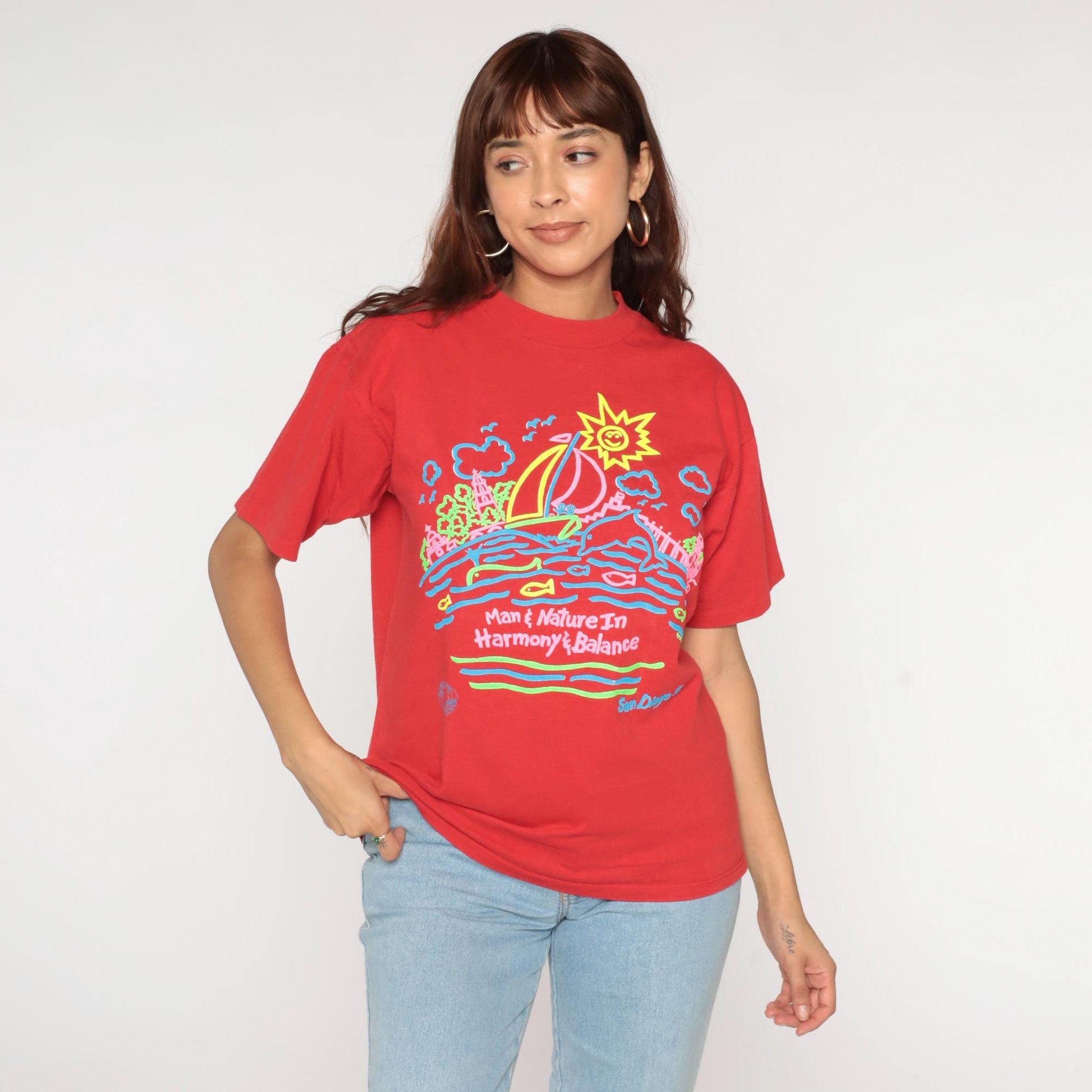 90s San Diego Graphic T-Shirt 1991 Neon Red Cotton Crewneck Medium