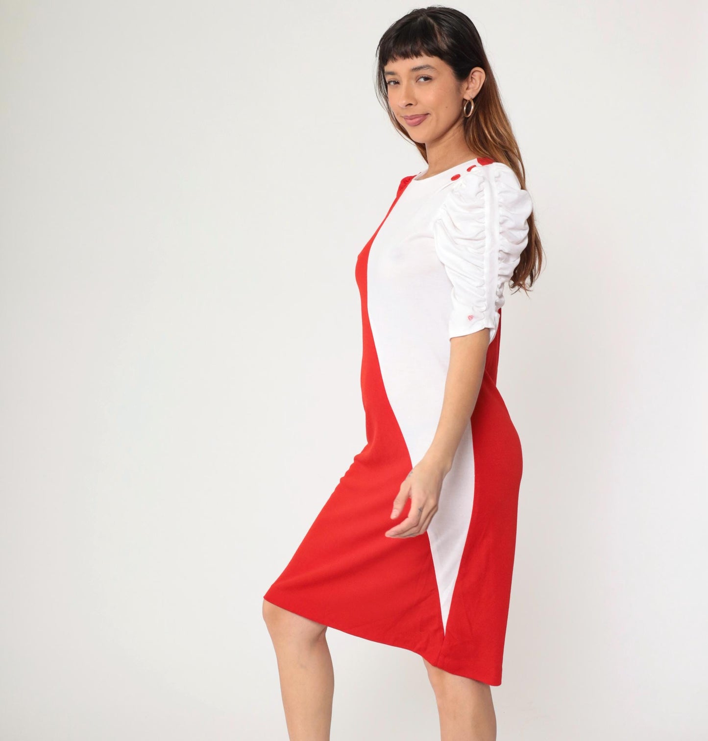 80s Color Block Red White Knee-Length Dress Puff Sleeve Sheath Small