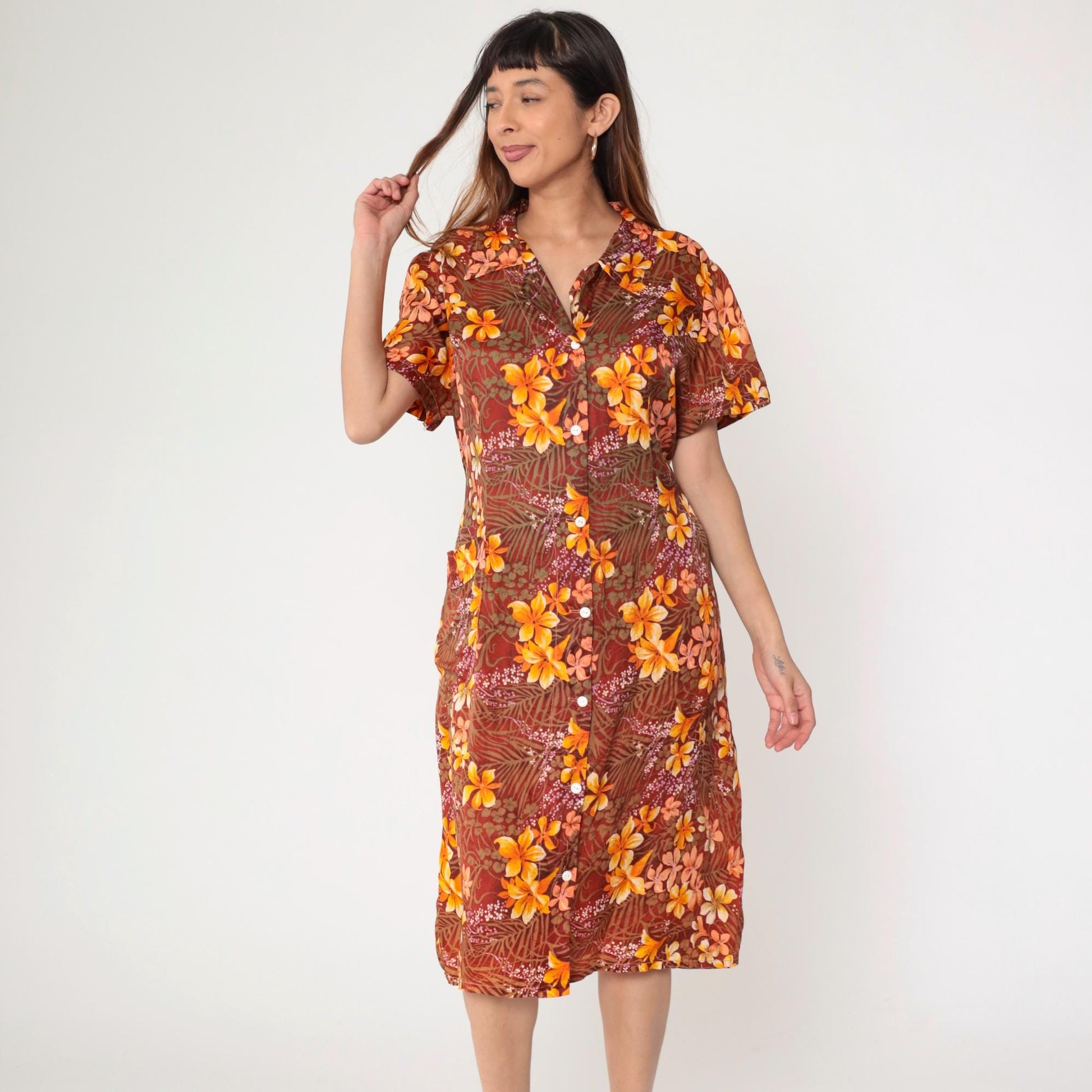 70s Floral Hawaiian Shift Dress Orange Tropical Button-Up Midi Extra Large