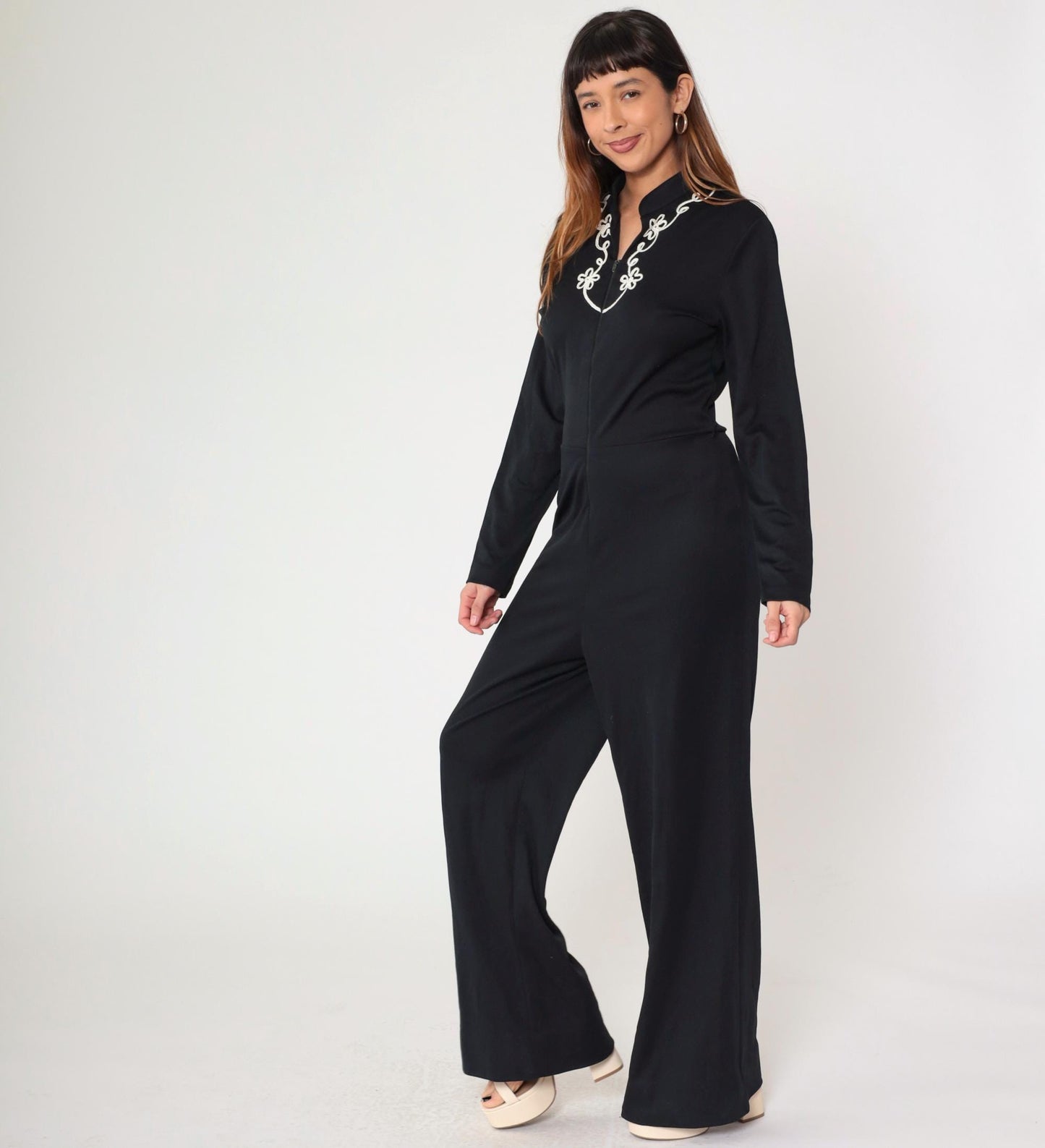 70s Black Jumpsuit White Floral Soutache Trim Straight Leg Long Sleeve Medium Large