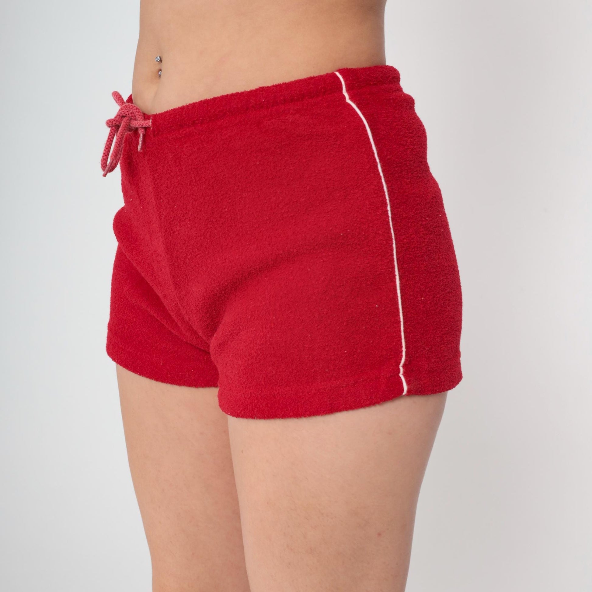 Y2K Red Terry Cloth Shorts White Striped Drawstring Small