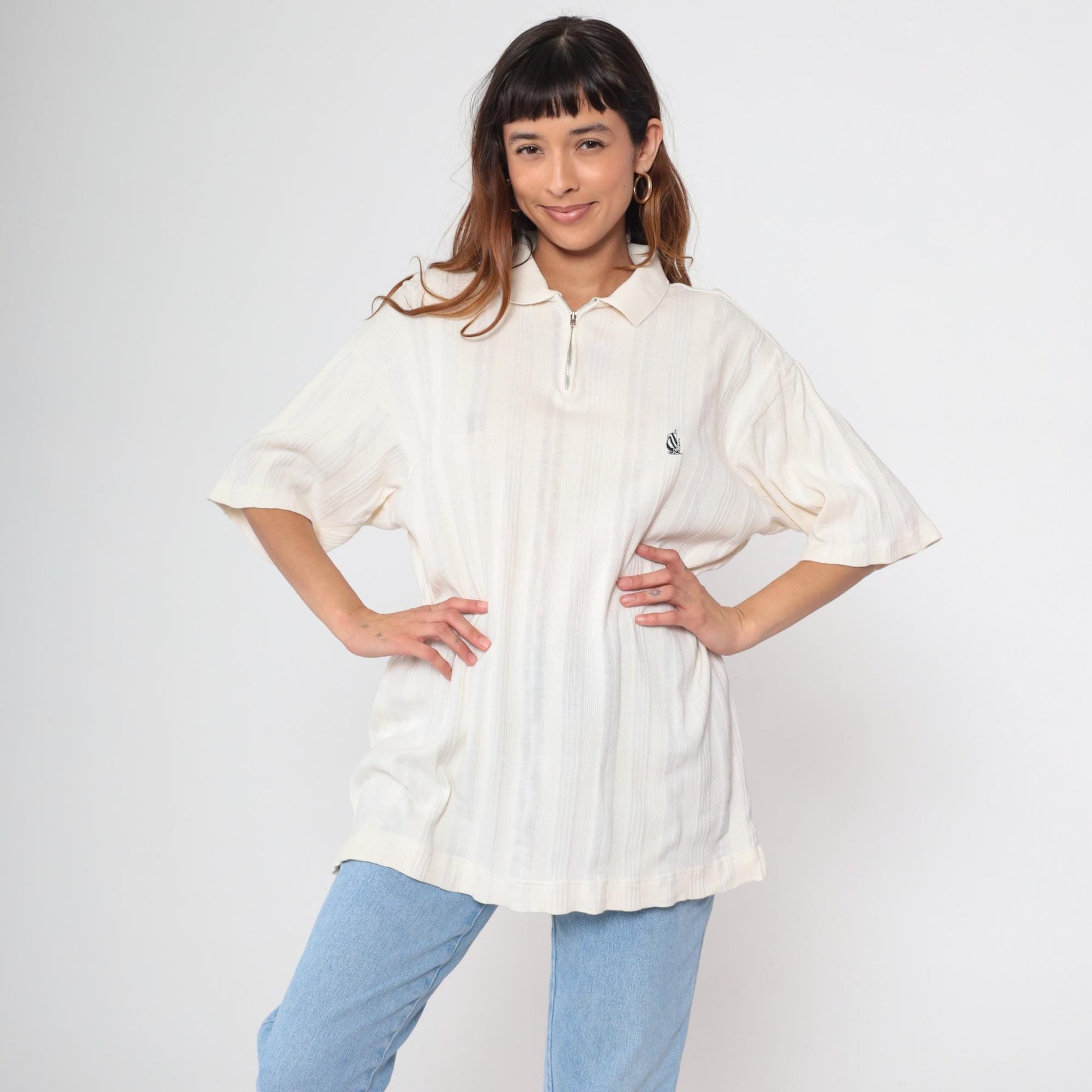 90s Nautica Quarter Zip Sailboat Shirt Off-White Ribbed Cotton Medium M