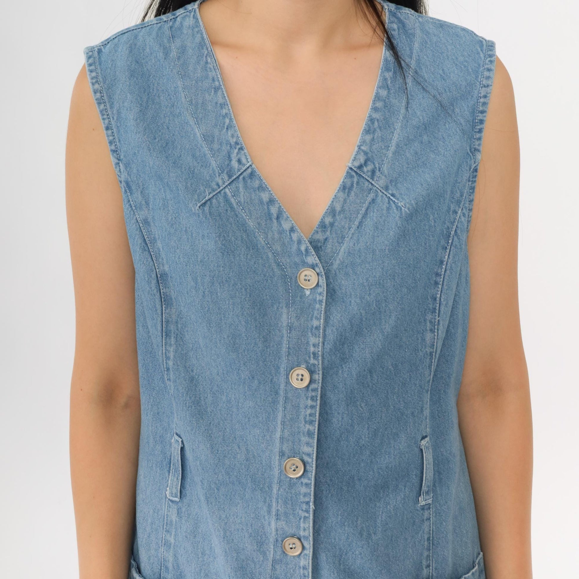 90s Studio Ease Blue Denim Jumper Dress Sleeveless V Neck Maxi Medium M