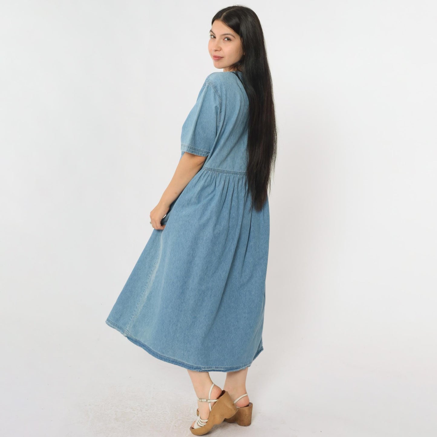 90s Mizz Lizz Blue Denim Midi Shirtdress Gathered Waist Medium M