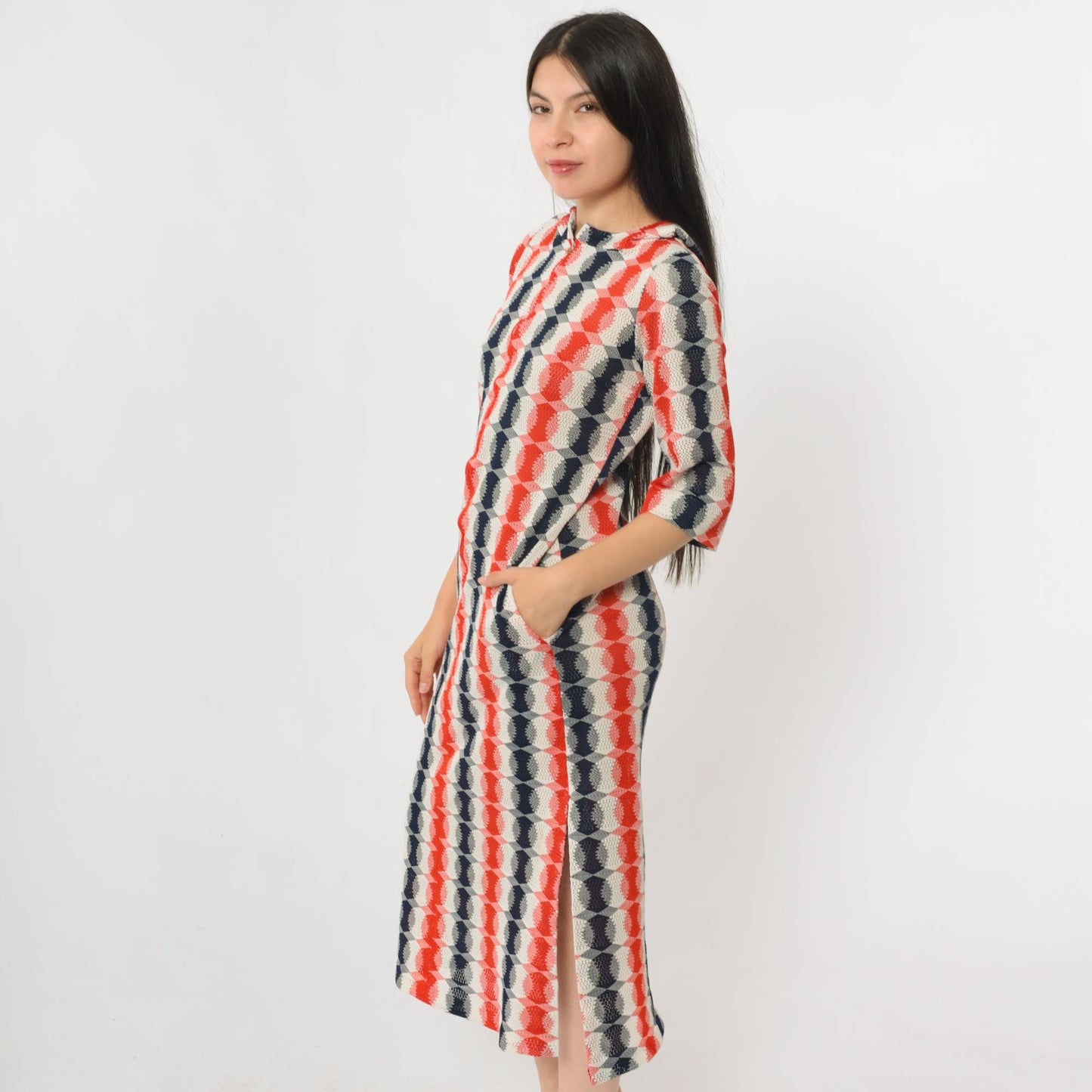 70s Mod Op Art Zip Dress Red Navy White Hooded Midi Cutout Small