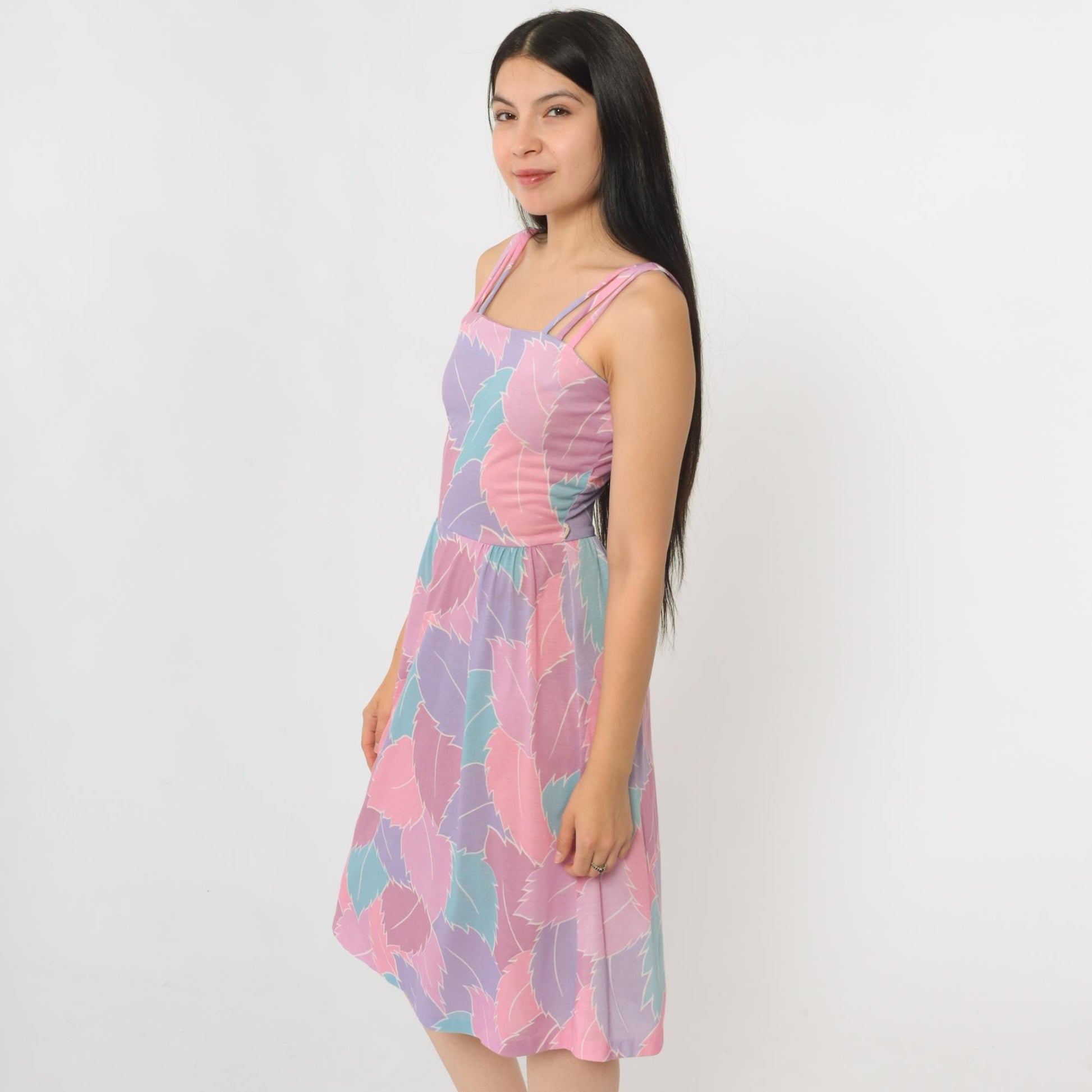 80s Pastel Leaf Print Midi Sundress Purple Pink High Waist Spaghetti Strap Extra Small