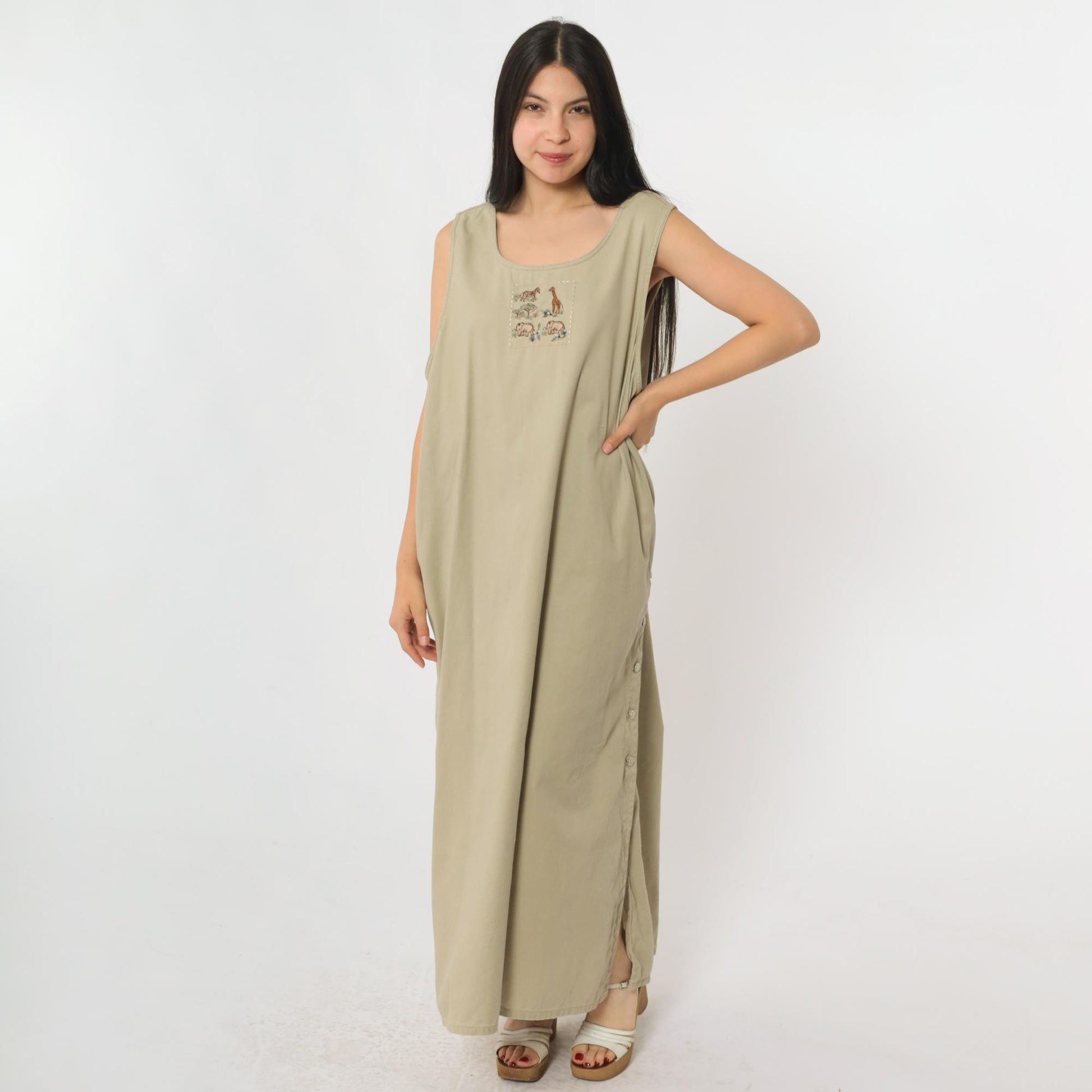 90s Safari Jumper Dress Khaki Embroidered Maxi XXL – Shopexile