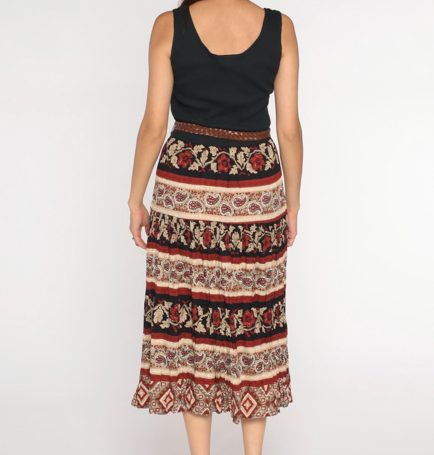 90s Black Floral Paisley Broomstick Midi Dress High Waist Sleeveless Medium