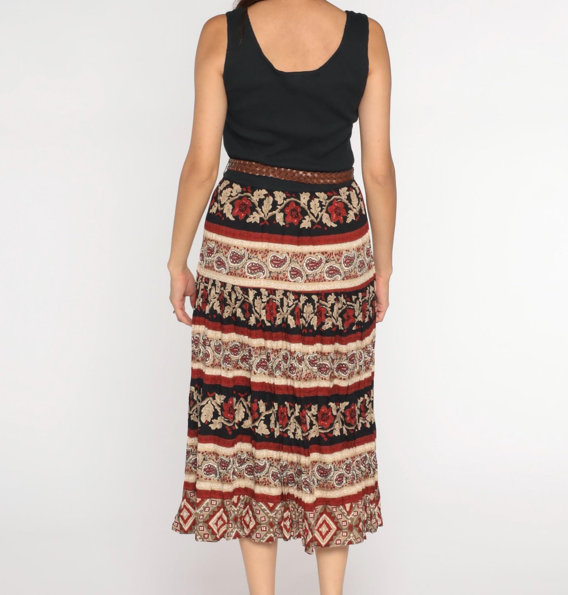 90s Black Floral Paisley Broomstick Midi Dress High Waist Sleeveless Medium